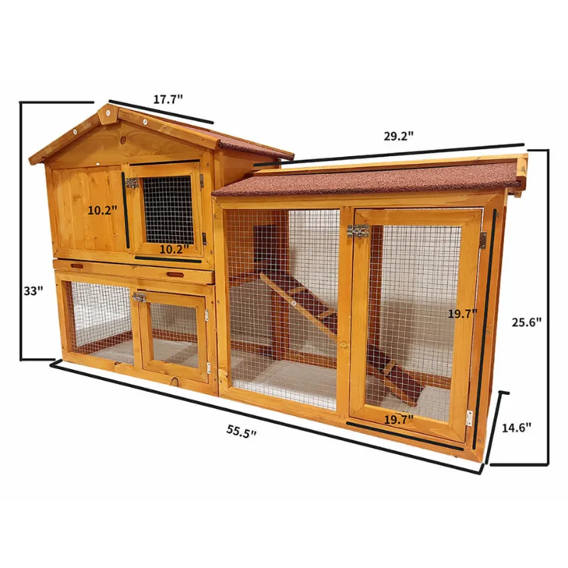 2-Tier Natural Wooden Rabbit Hutch with Ramp - 55.5"L