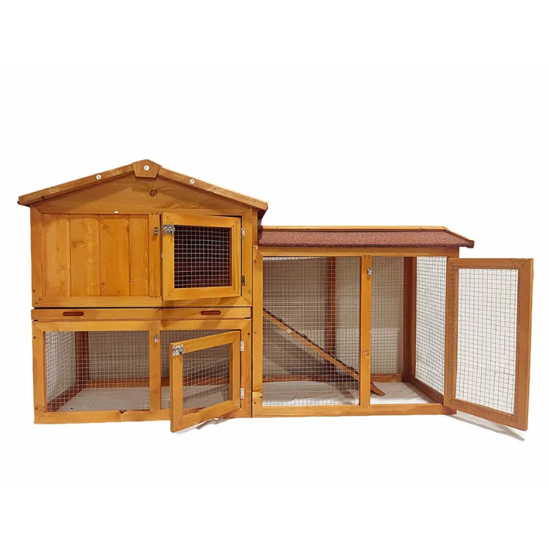 2-Tier Natural Wooden Rabbit Hutch with Ramp - 55.5"L