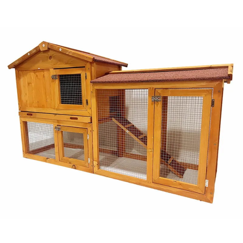 2-Tier Natural Wooden Rabbit Hutch with Ramp - 55.5"L