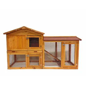 2-Tier Natural Wooden Rabbit Hutch with Ramp - 55.5"L