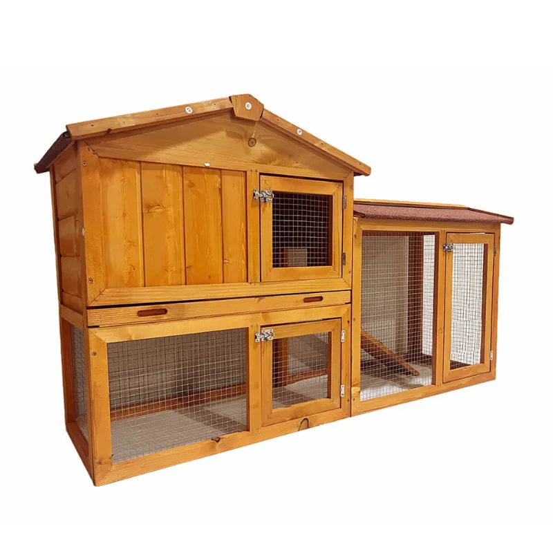 2-Tier Natural Wooden Rabbit Hutch with Ramp - 55.5"L