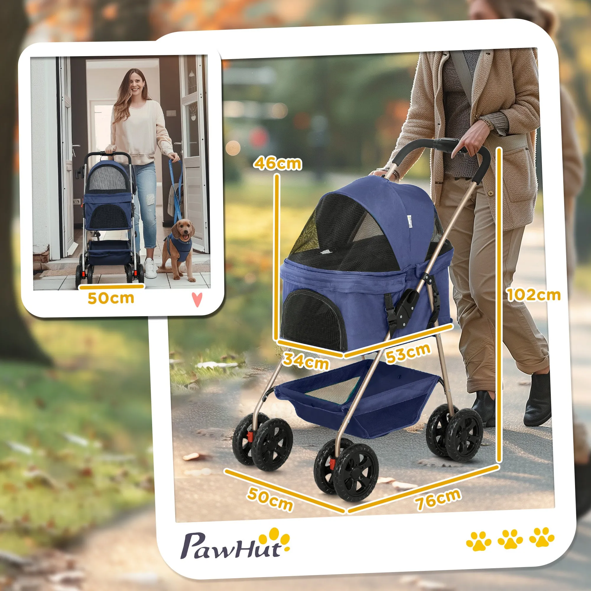 3 in 1 Foldable Dog Stroller with Carrying Bag and Bottom Basket, Blue