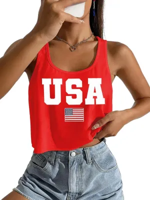 4th of July Sexy Crop Tank for Women Independence Day Funny Graphic Sleeveless American Proud Summer Patriotic Shirt