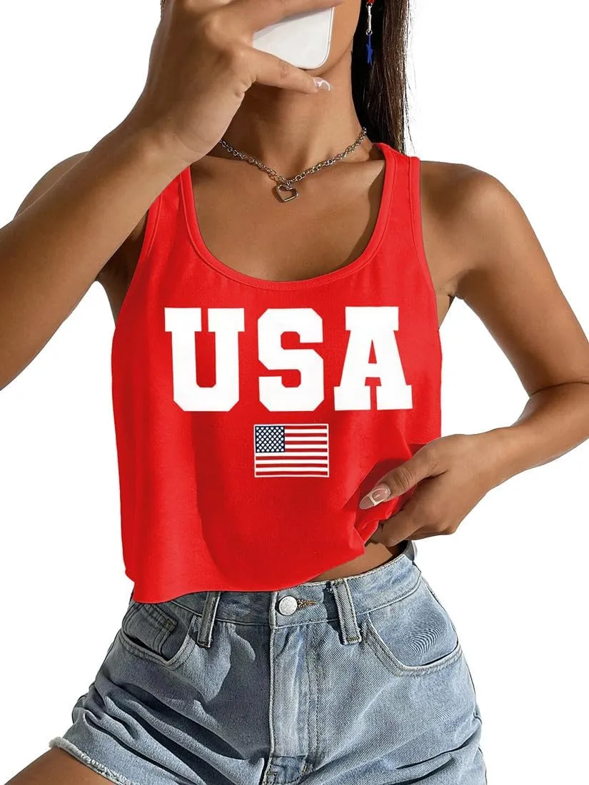 4th of July Sexy Crop Tank for Women Independence Day Funny Graphic Sleeveless American Proud Summer Patriotic Shirt