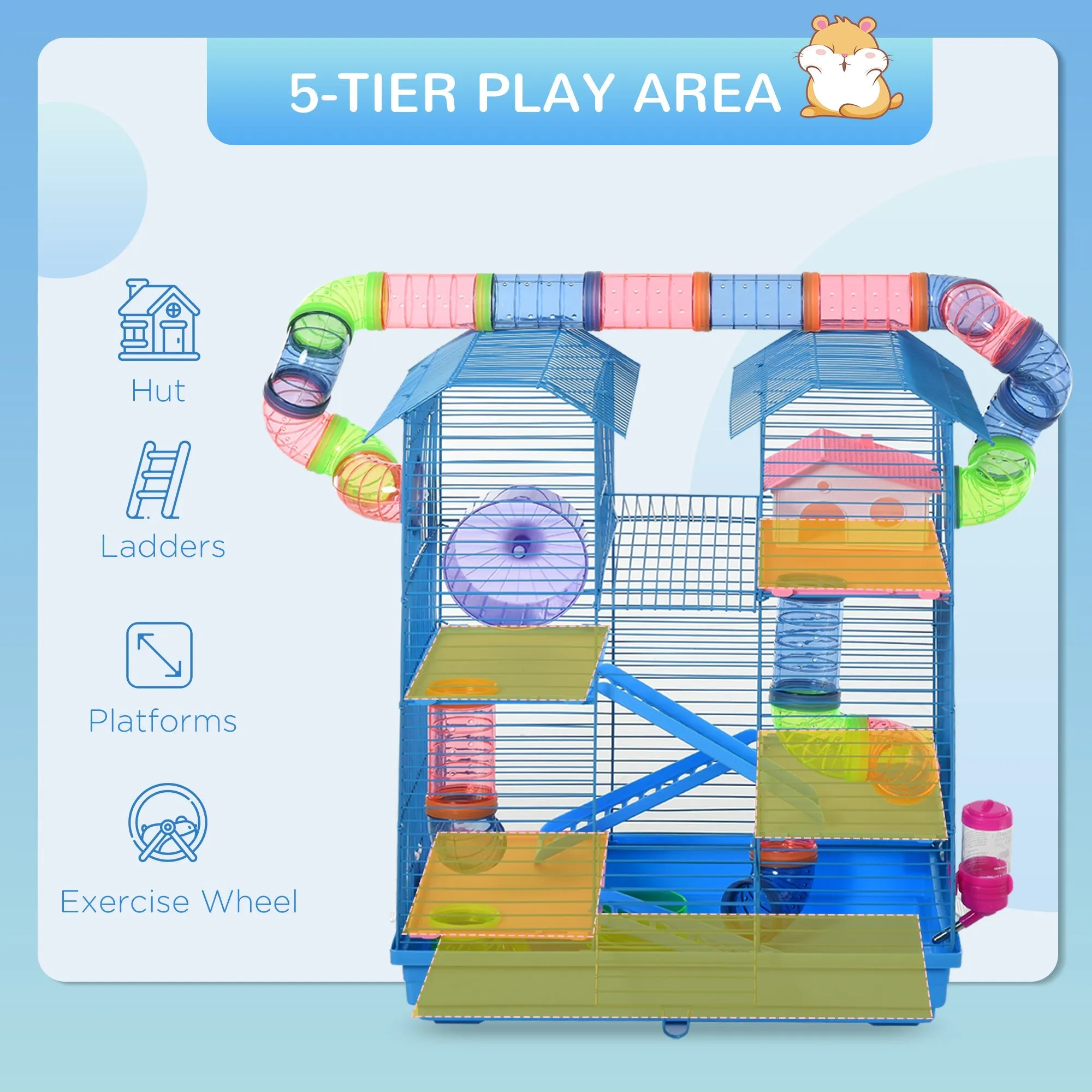 5 Tier Hamster Cage Carrier Habitat with Exercise Wheels Tunnel Tube Water Bottle Dishes House Ladder for Dwarf Mice Blue