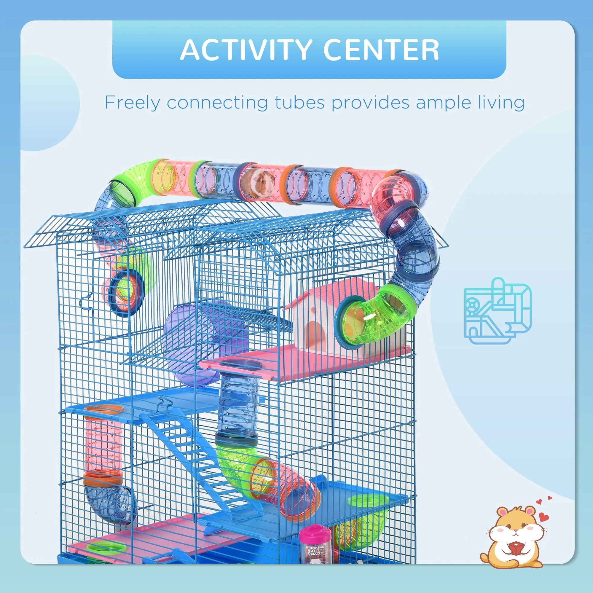 5 Tier Hamster Cage Carrier Habitat with Exercise Wheels Tunnel Tube Water Bottle Dishes House Ladder for Dwarf Mice Blue