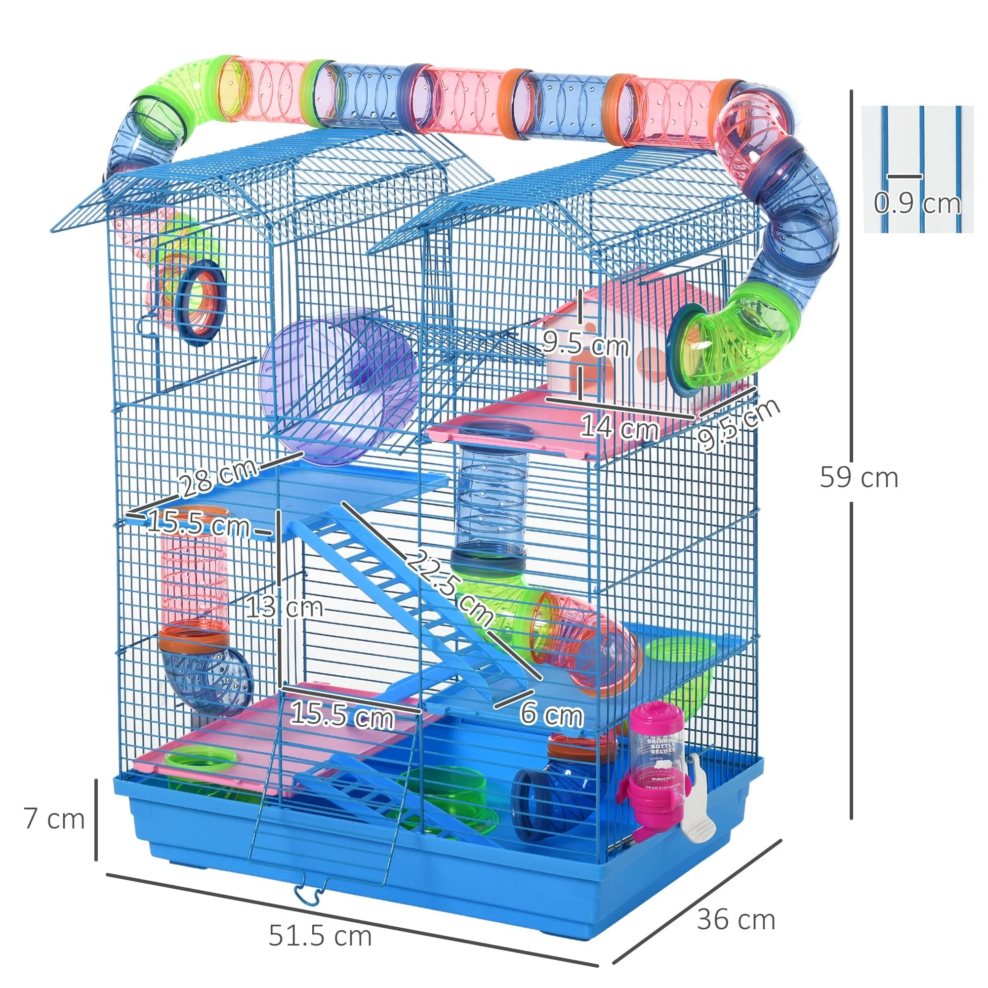 5 Tier Hamster Cage Carrier Habitat with Exercise Wheels Tunnel Tube Water Bottle Dishes House Ladder for Dwarf Mice Blue