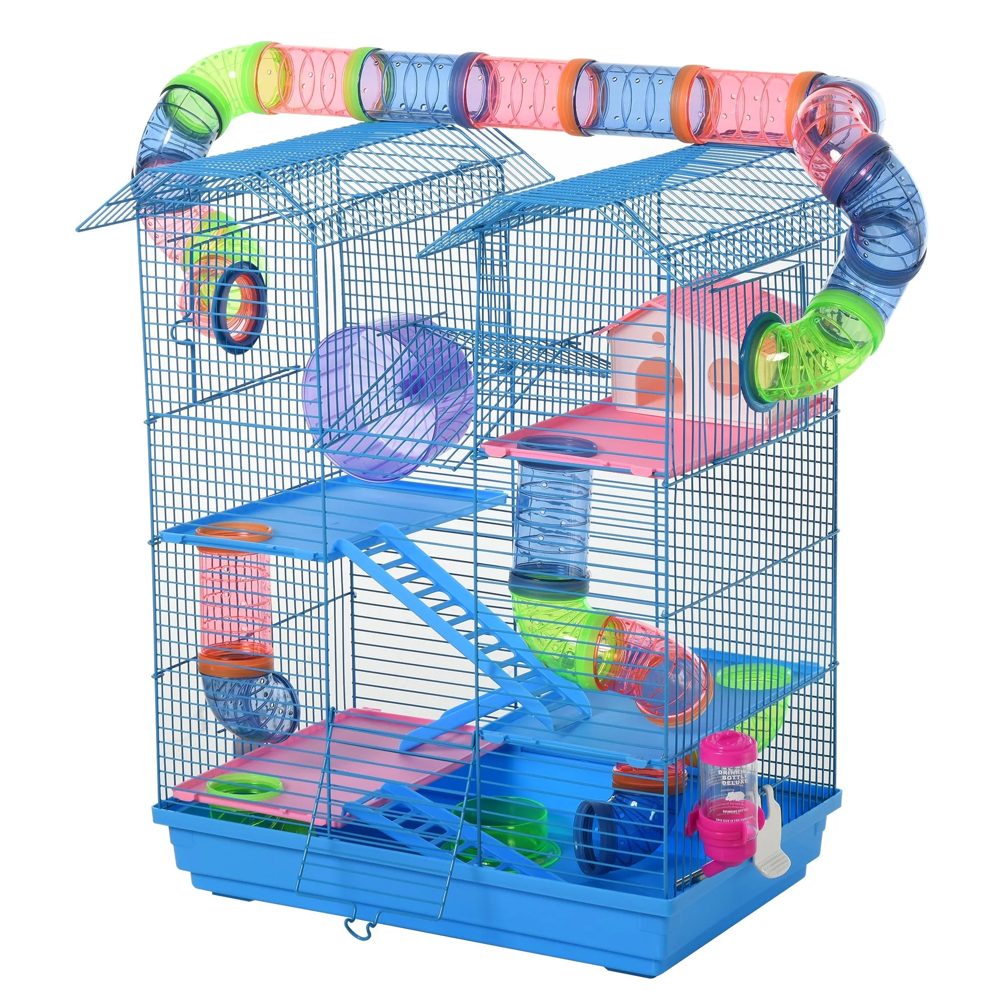 5 Tier Hamster Cage Carrier Habitat with Exercise Wheels Tunnel Tube Water Bottle Dishes House Ladder for Dwarf Mice Blue
