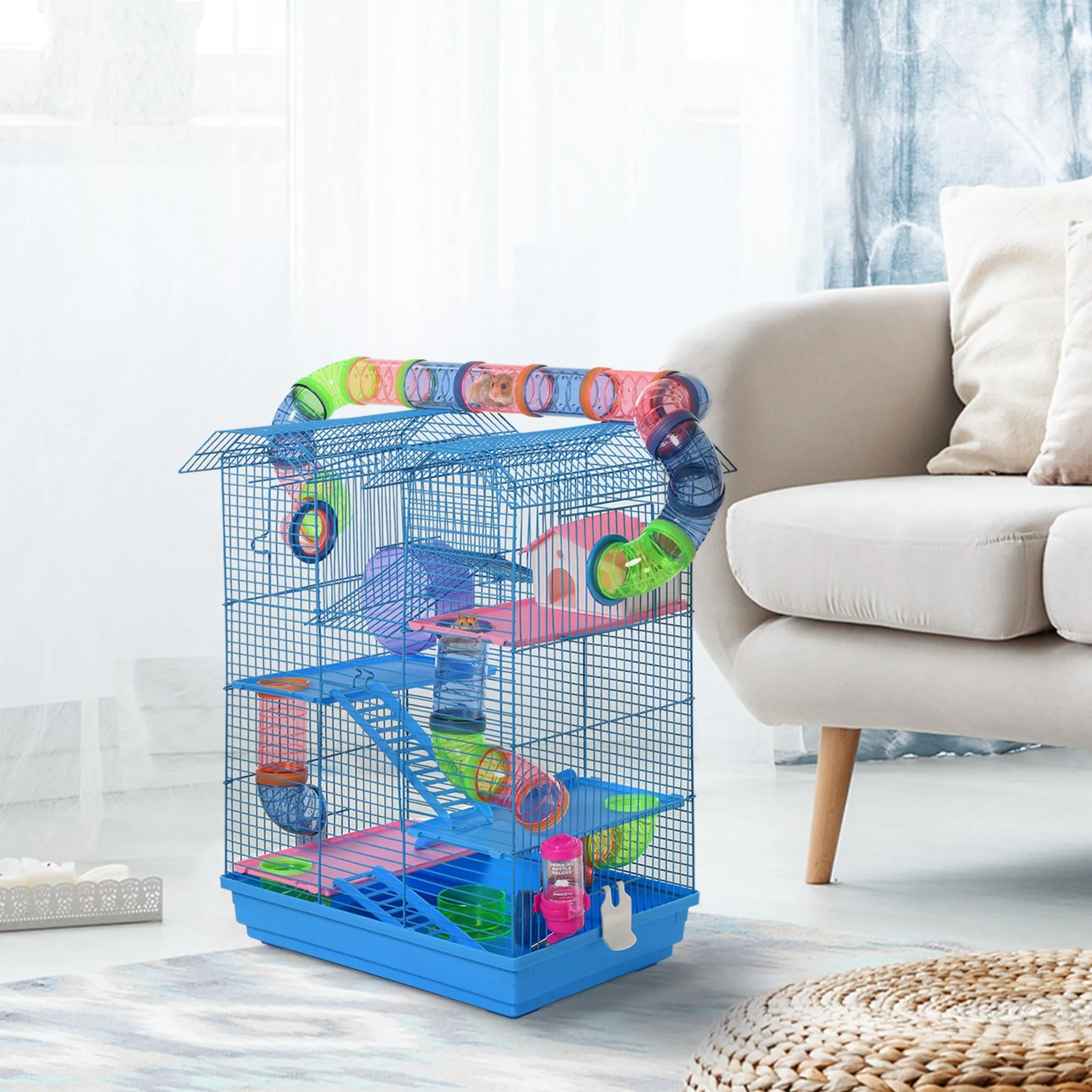5 Tier Hamster Cage Carrier Habitat with Exercise Wheels Tunnel Tube Water Bottle Dishes House Ladder for Dwarf Mice Blue