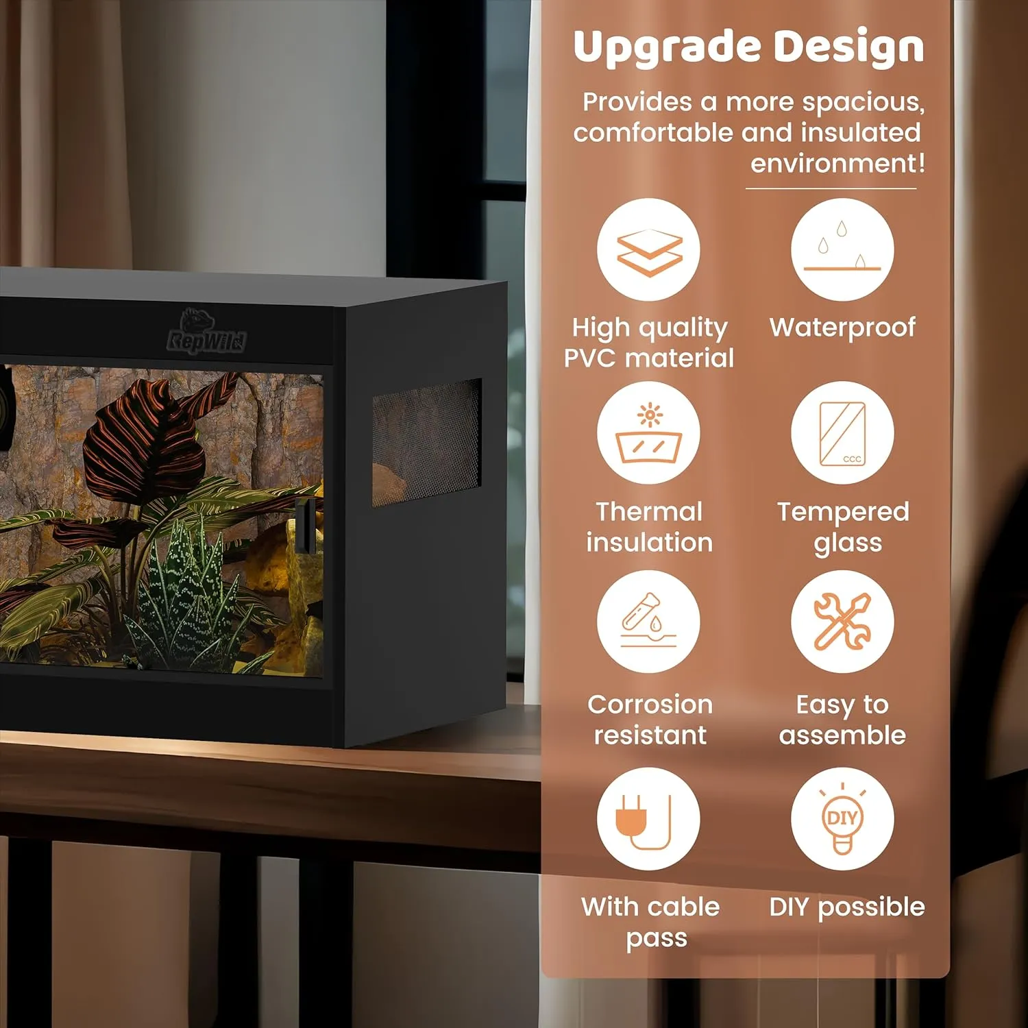 50 Gallon PVC Reptile Enclosure, RepWild 36"x18"x18" Stackable Terrarium/Tank with Dual Side Ventilation Mesh, Removable Glass Doors & Lock for Bearded Dragons, Ball Python, Geckos, Lizards