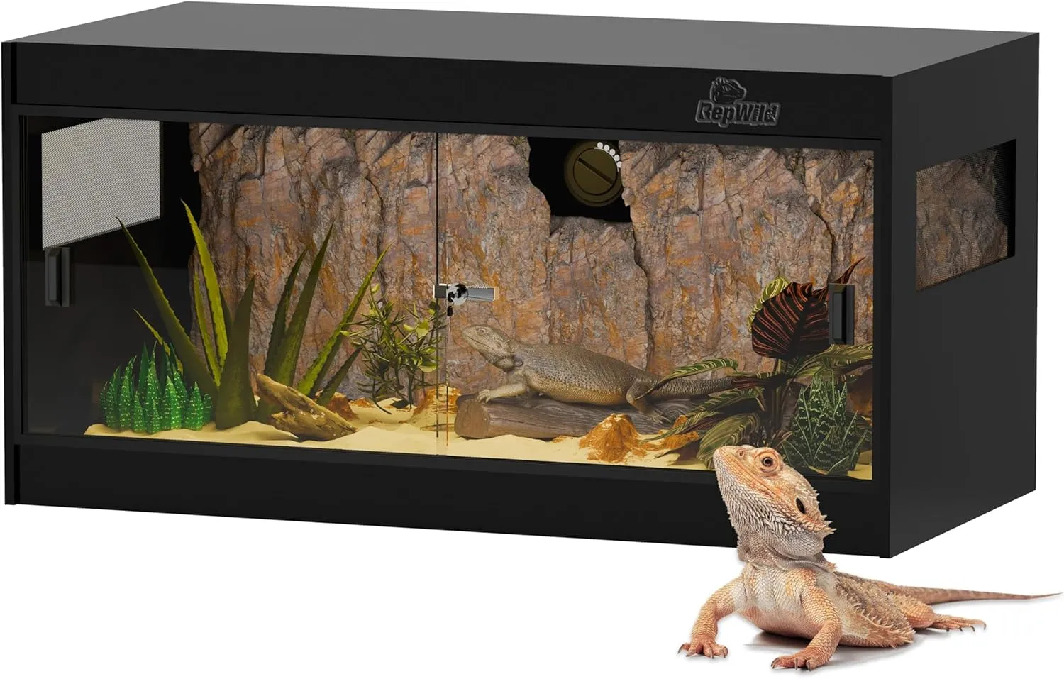 50 Gallon PVC Reptile Enclosure, RepWild 36"x18"x18" Stackable Terrarium/Tank with Dual Side Ventilation Mesh, Removable Glass Doors & Lock for Bearded Dragons, Ball Python, Geckos, Lizards