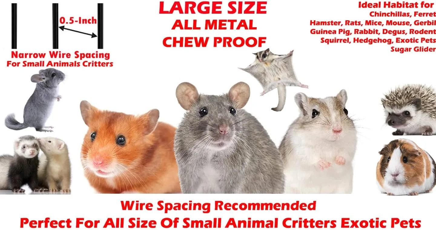 64" Extra Large Wrought Iron 3 Levels Ferret Chinchilla Sugar Glider Small Animal Cage with 1/2" Wire Cross Shelves & Ladders with Removable Rolling Stand