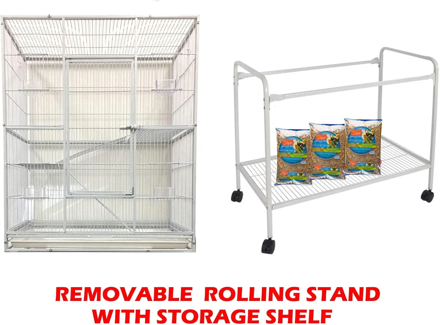 64" Extra Large Wrought Iron 3 Levels Ferret Chinchilla Sugar Glider Small Animal Cage with 1/2" Wire Cross Shelves & Ladders with Removable Rolling Stand