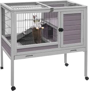Aivituvin Rabbit Hutch Indoor Bunny Cage Wooden Guinea Pig House with Wire Floor, Wheels, Leak-Proof Tray 35in