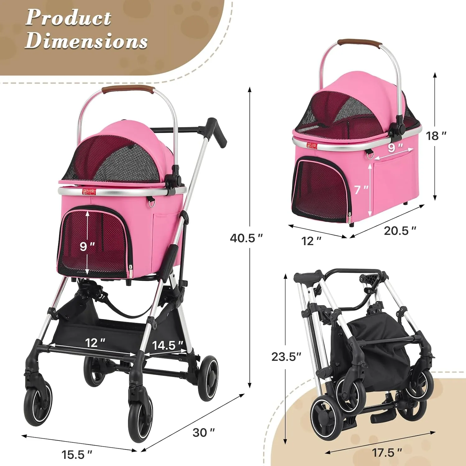 Athena collection Dog Stroller for Small/Medium Dogs,Foldable Pet Stroller with Detachable Carrier,Lightweight Cat Stroller up to 33lbs(Pink)