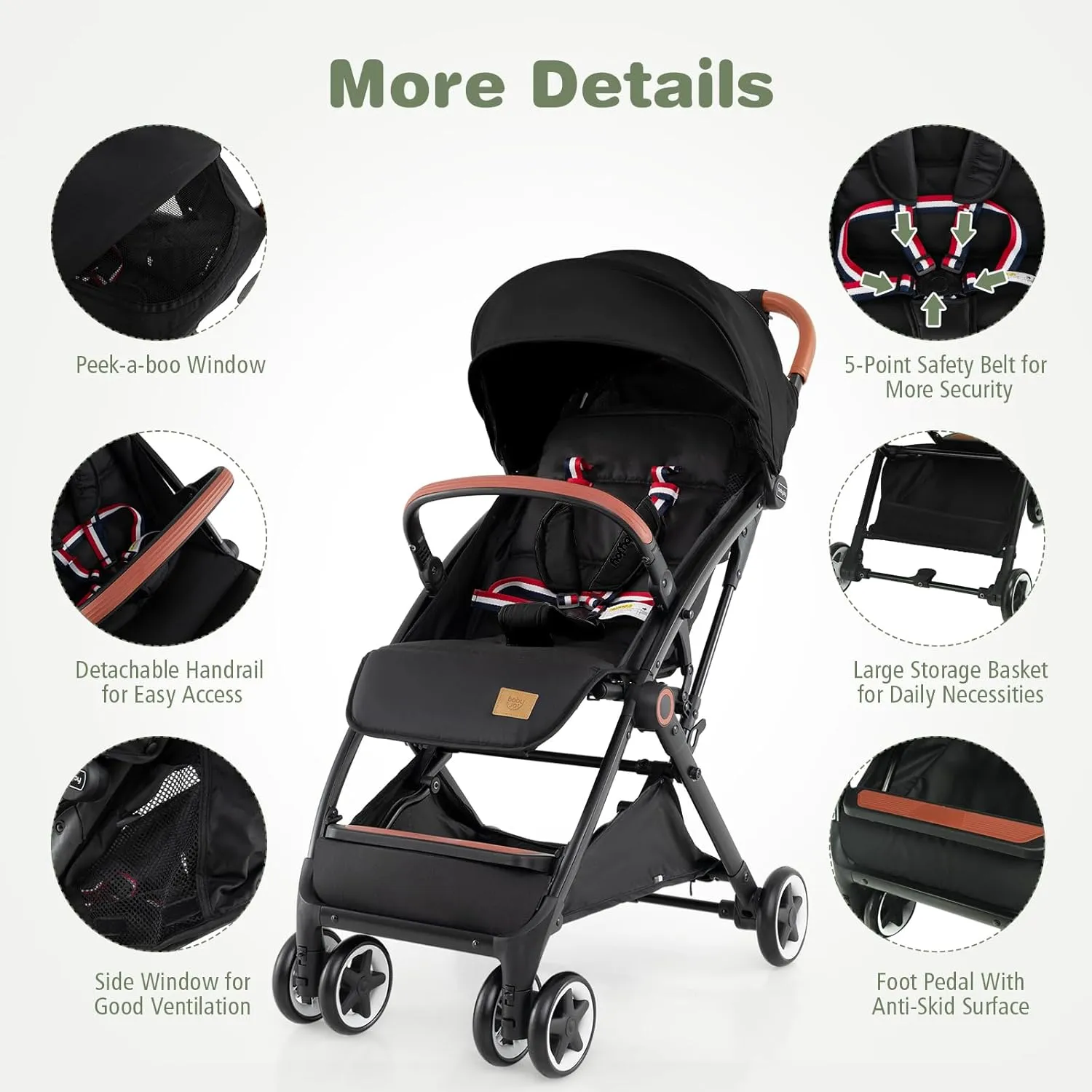 BABY JOY Lightweight Baby Stroller, Compact Toddler Travel Stroller for Airplane, Infant Stroller w/ 5-Point Harness, Adjustable Backrest/Footrest/Canopy, Storage Basket, Easy One-Hand Fold (Black)