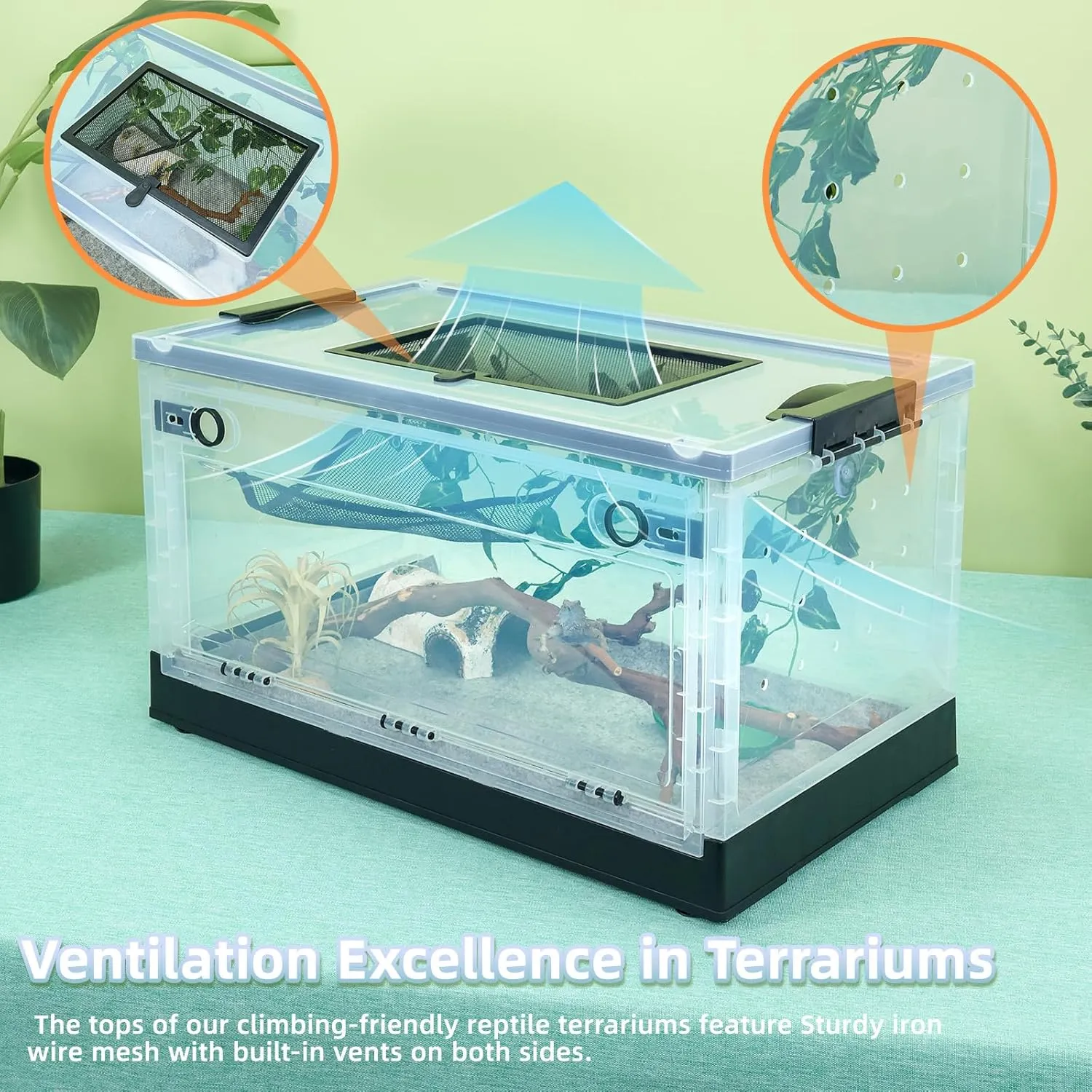 Big Foldable Reptile Terrariums, Snake Tanks, and Enclosures for Bearded Dragons, Iguanas, Lizards, Crested Geckos -Clear Views, High-Temperature Resistant Iron Mesh Ventilation (Black, 22'')
