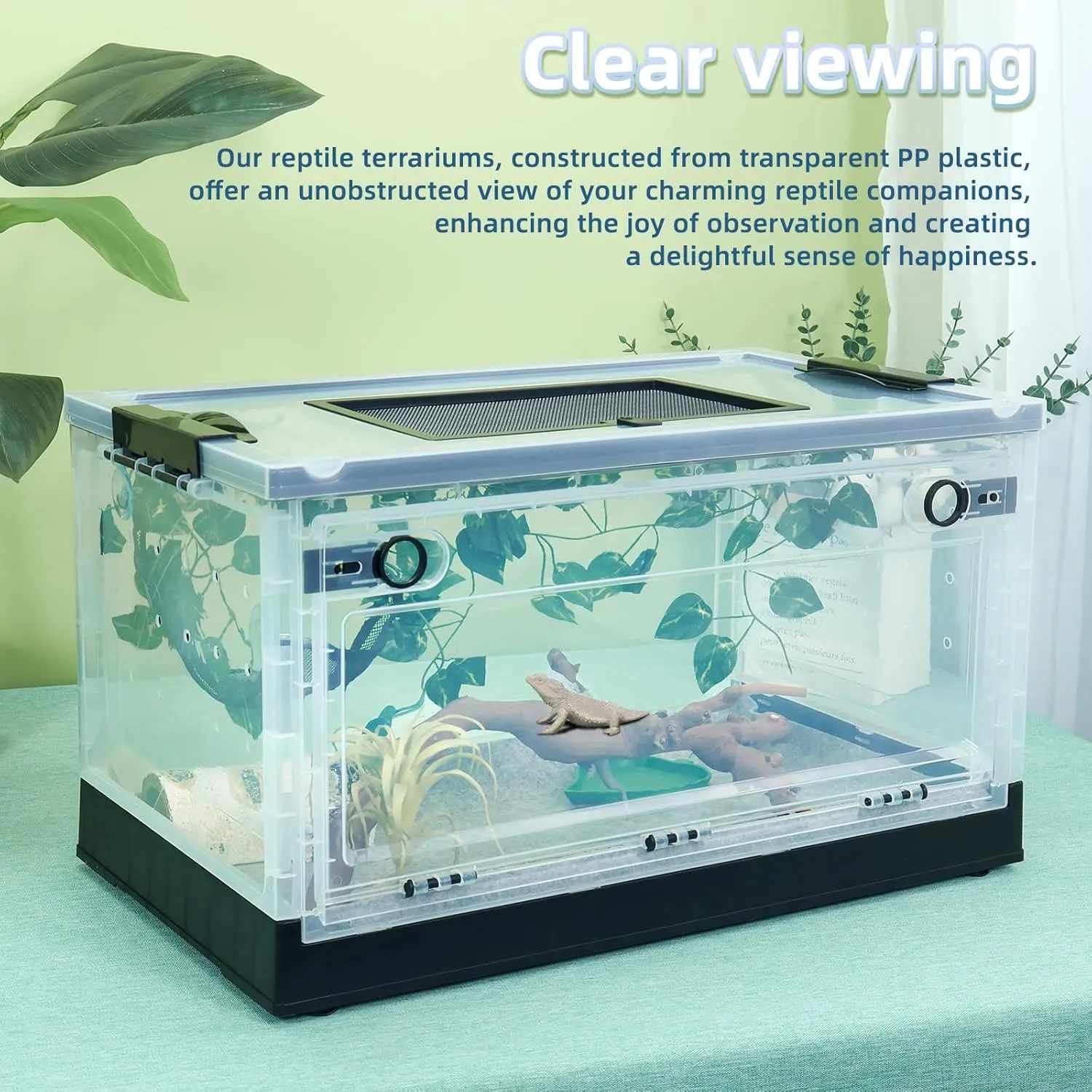 Big Foldable Reptile Terrariums, Snake Tanks, and Enclosures for Bearded Dragons, Iguanas, Lizards, Crested Geckos -Clear Views, High-Temperature Resistant Iron Mesh Ventilation (Black, 22'')