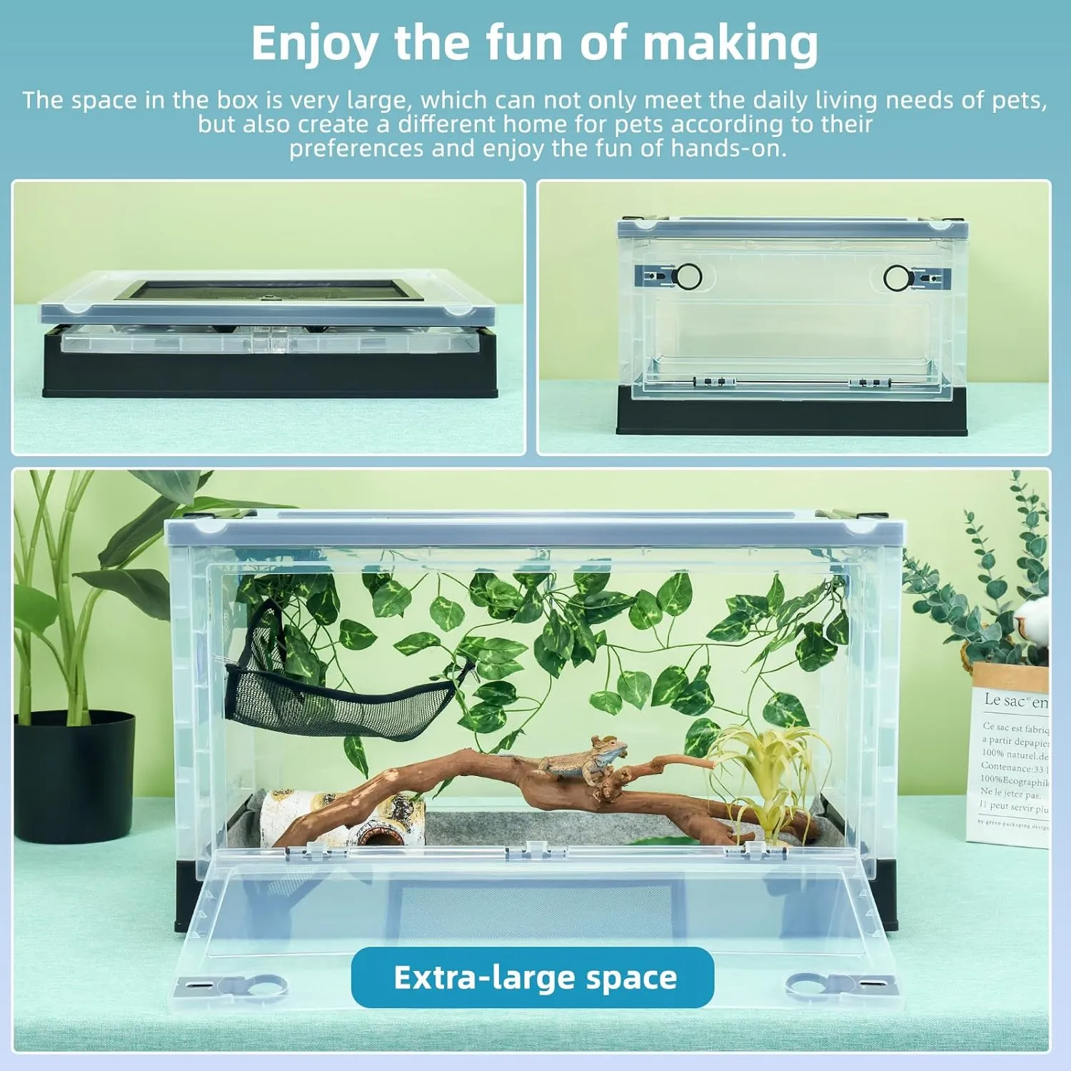 Big Foldable Reptile Terrariums, Snake Tanks, and Enclosures for Bearded Dragons, Iguanas, Lizards, Crested Geckos -Clear Views, High-Temperature Resistant Iron Mesh Ventilation (Black, 22'')