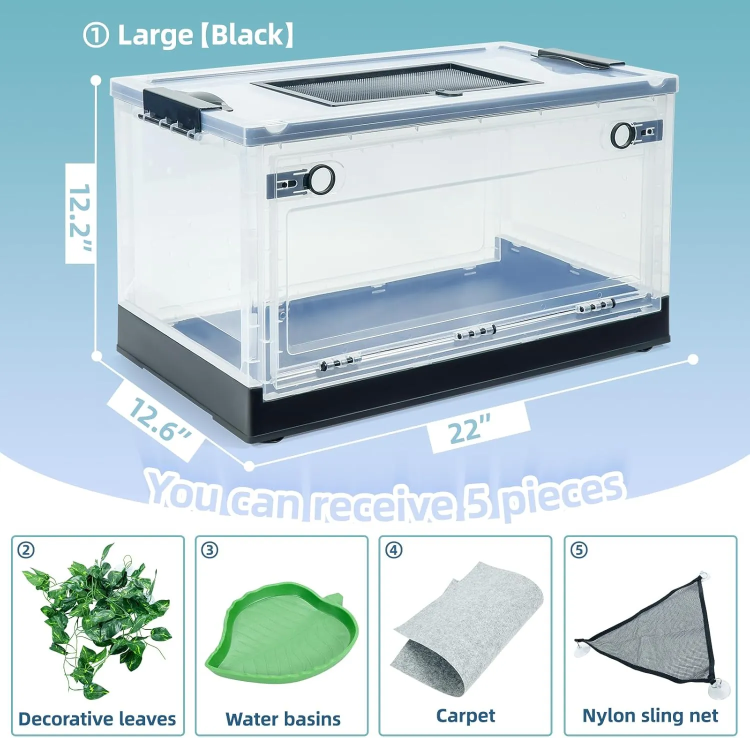 Big Foldable Reptile Terrariums, Snake Tanks, and Enclosures for Bearded Dragons, Iguanas, Lizards, Crested Geckos -Clear Views, High-Temperature Resistant Iron Mesh Ventilation (Black, 22'')