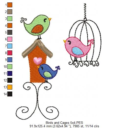 Birds and Bird Cage - Fill Stitch