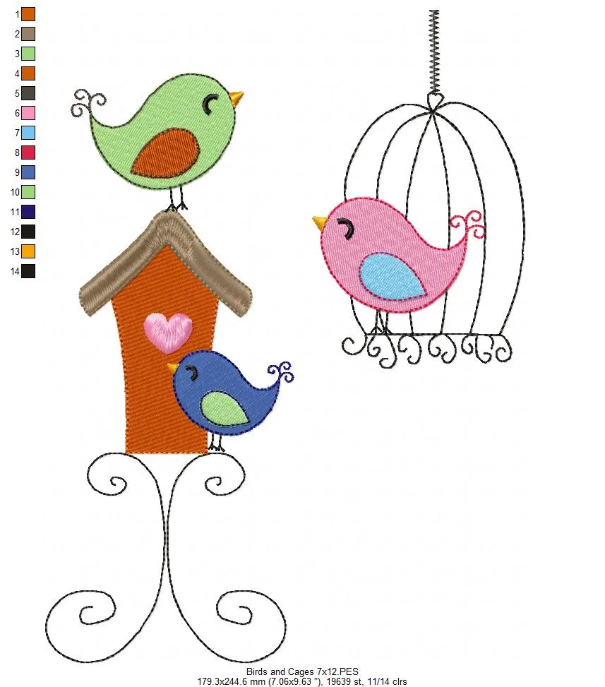 Birds and Bird Cage - Fill Stitch