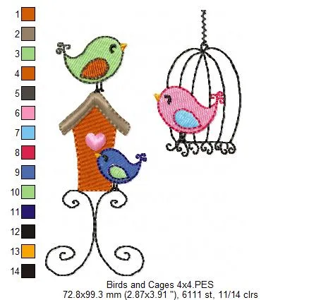 Birds and Bird Cage - Fill Stitch