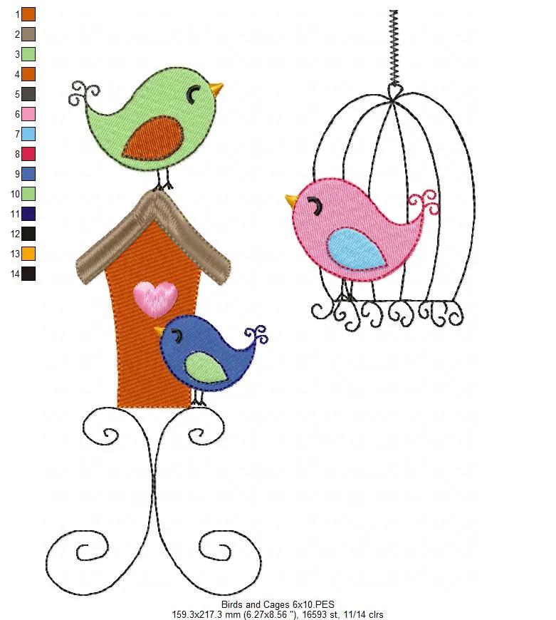 Birds and Bird Cage - Fill Stitch