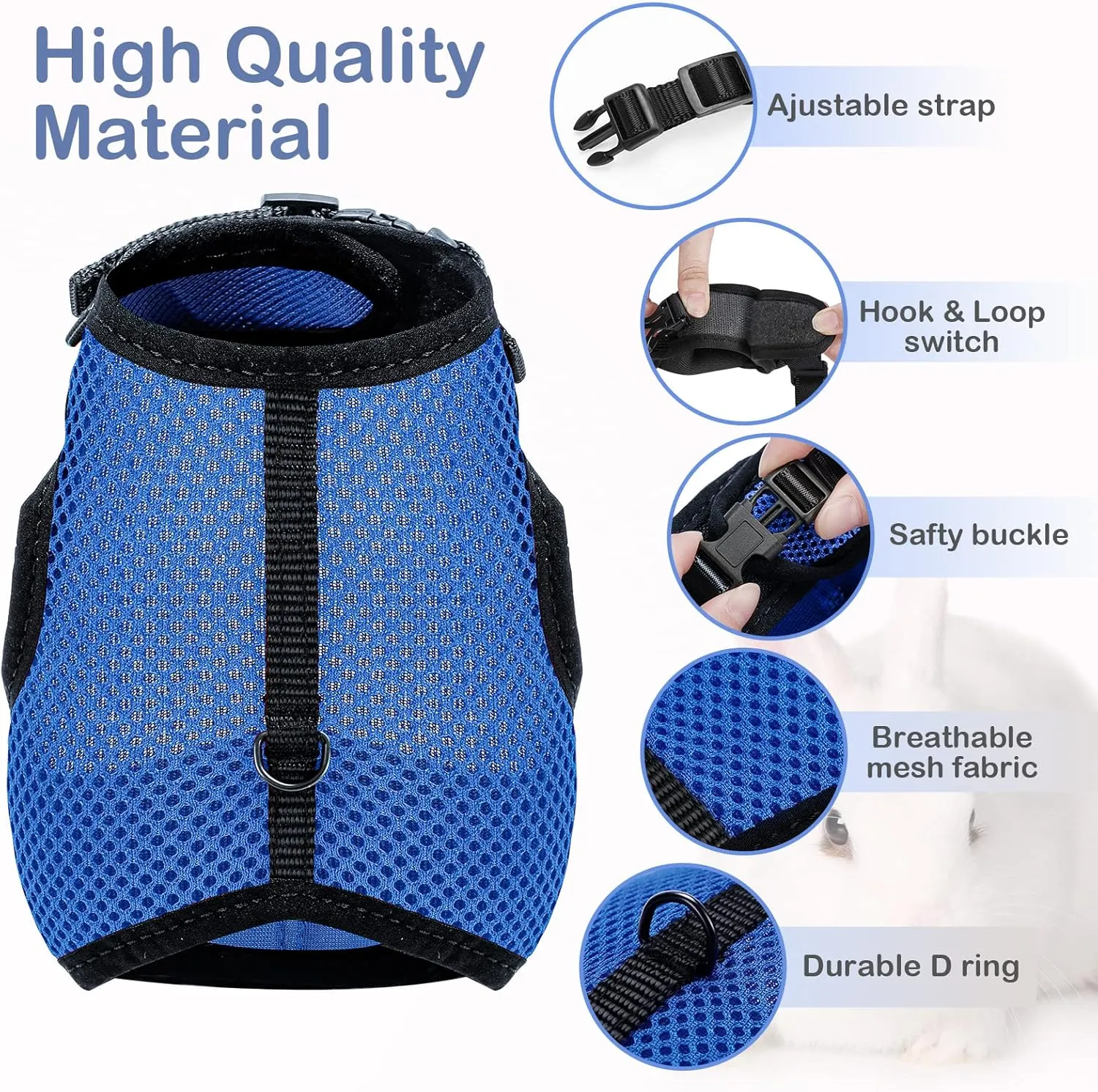 Bunny Rabbit Harness with Stretchy Leash Cute Adjustable Buckle Breathable Mesh Vest for Kitten Small Pets Walking (XS(Chest:7.87-10.6 in), Blue)