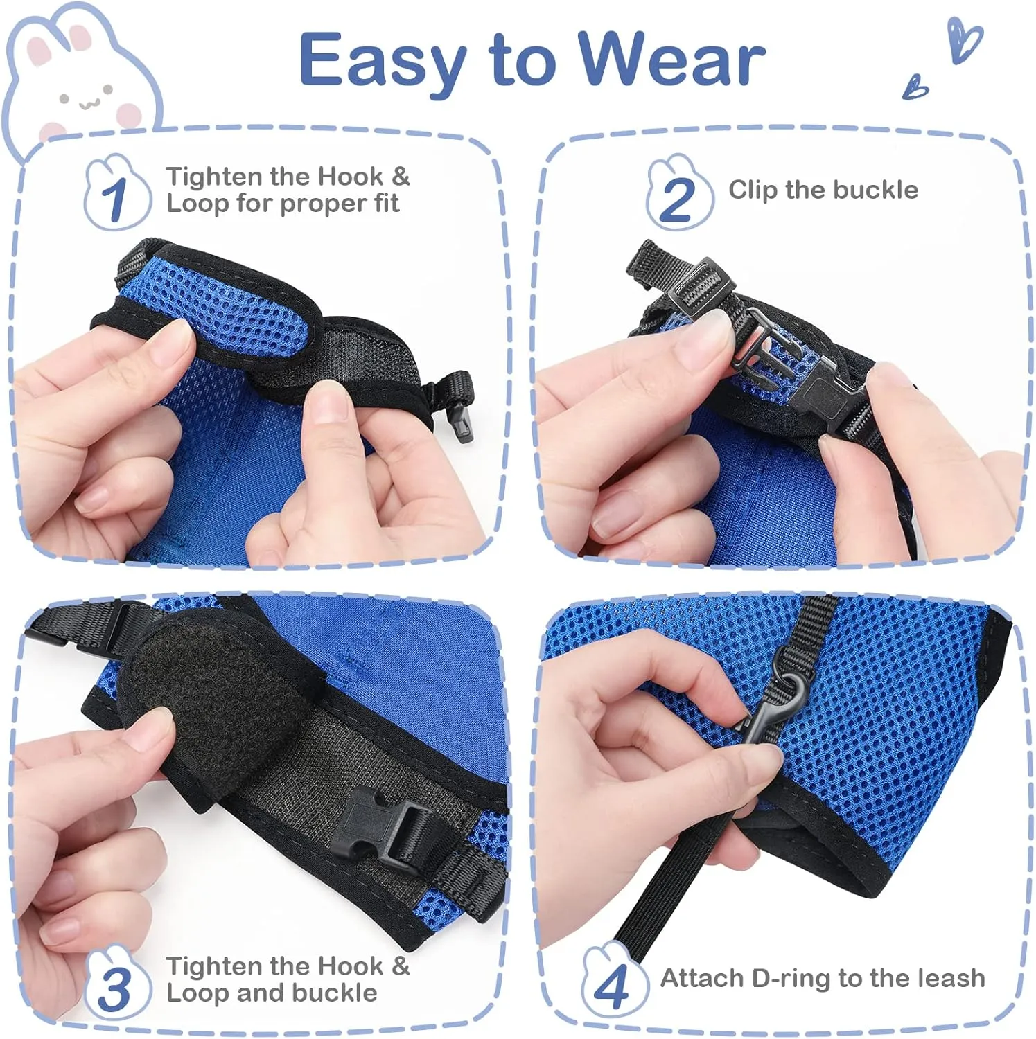 Bunny Rabbit Harness with Stretchy Leash Cute Adjustable Buckle Breathable Mesh Vest for Kitten Small Pets Walking (XS(Chest:7.87-10.6 in), Blue)