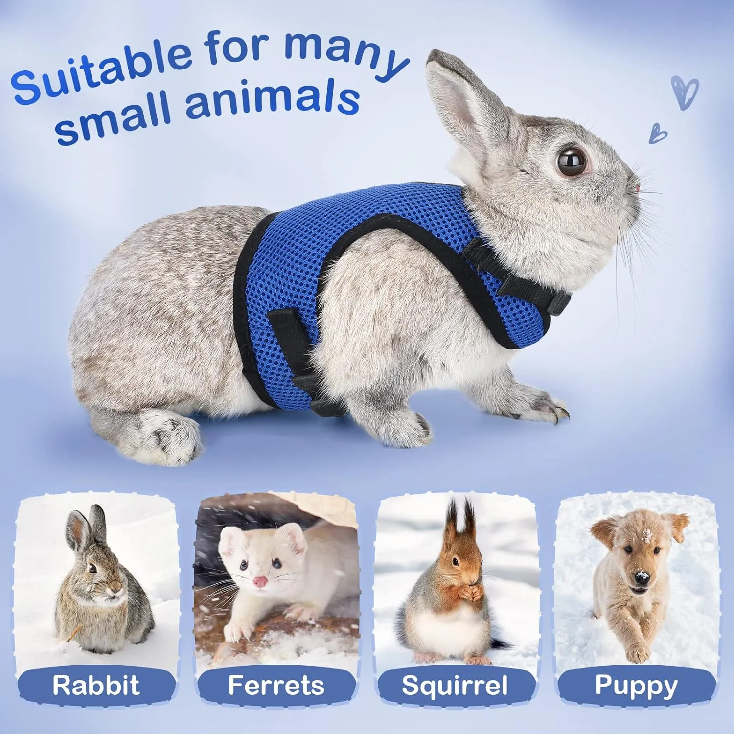 Bunny Rabbit Harness with Stretchy Leash Cute Adjustable Buckle Breathable Mesh Vest for Kitten Small Pets Walking (XS(Chest:7.87-10.6 in), Blue)