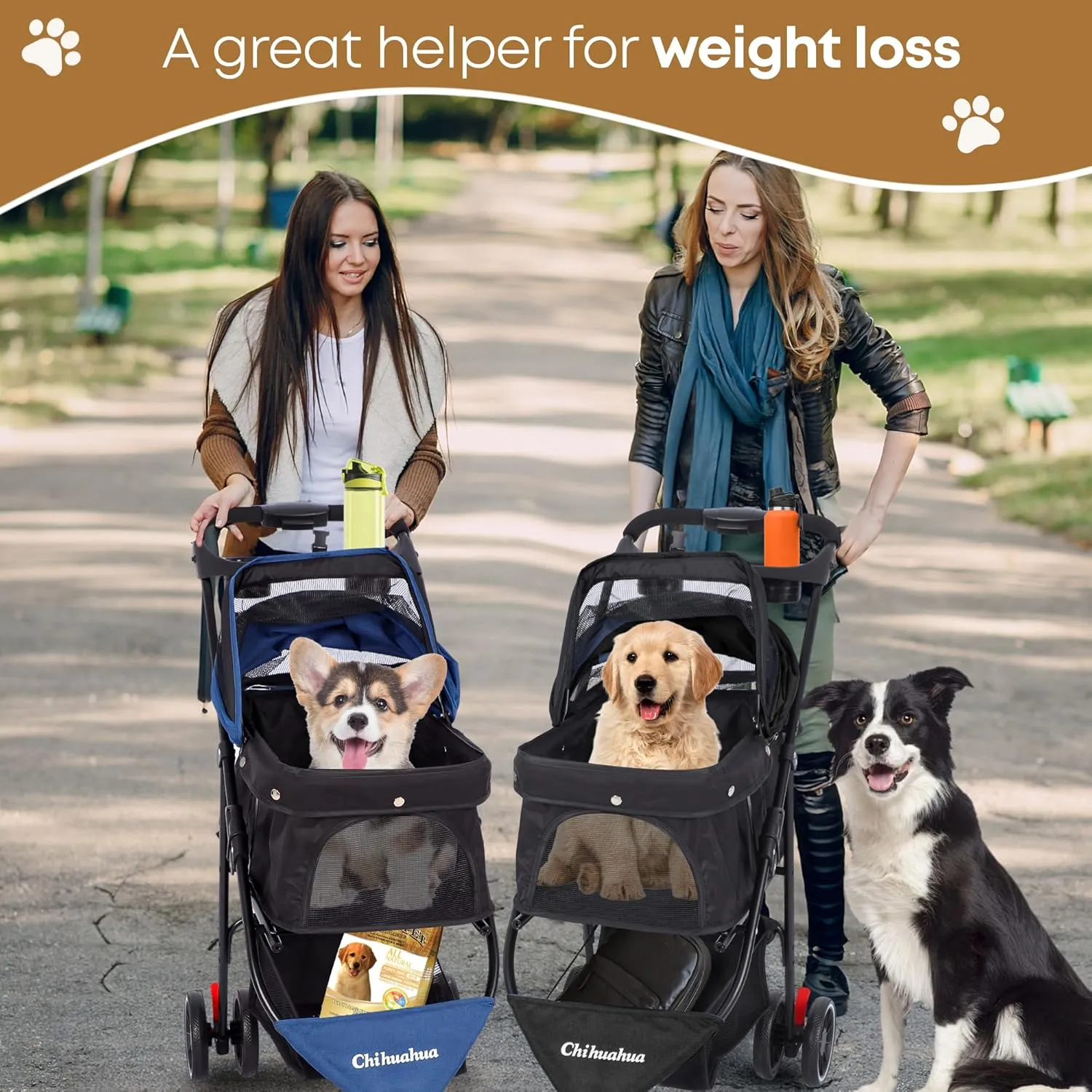CHIHUAHUA 2-in-1 Foldable Pet Stroller with Canopy,3 Wheels Pet Strolling Cart for Small/Medium Dogs and Cats with Removable Carrier, Breathable Mesh,Cup Holders, Easy Assembly,Deep Brown