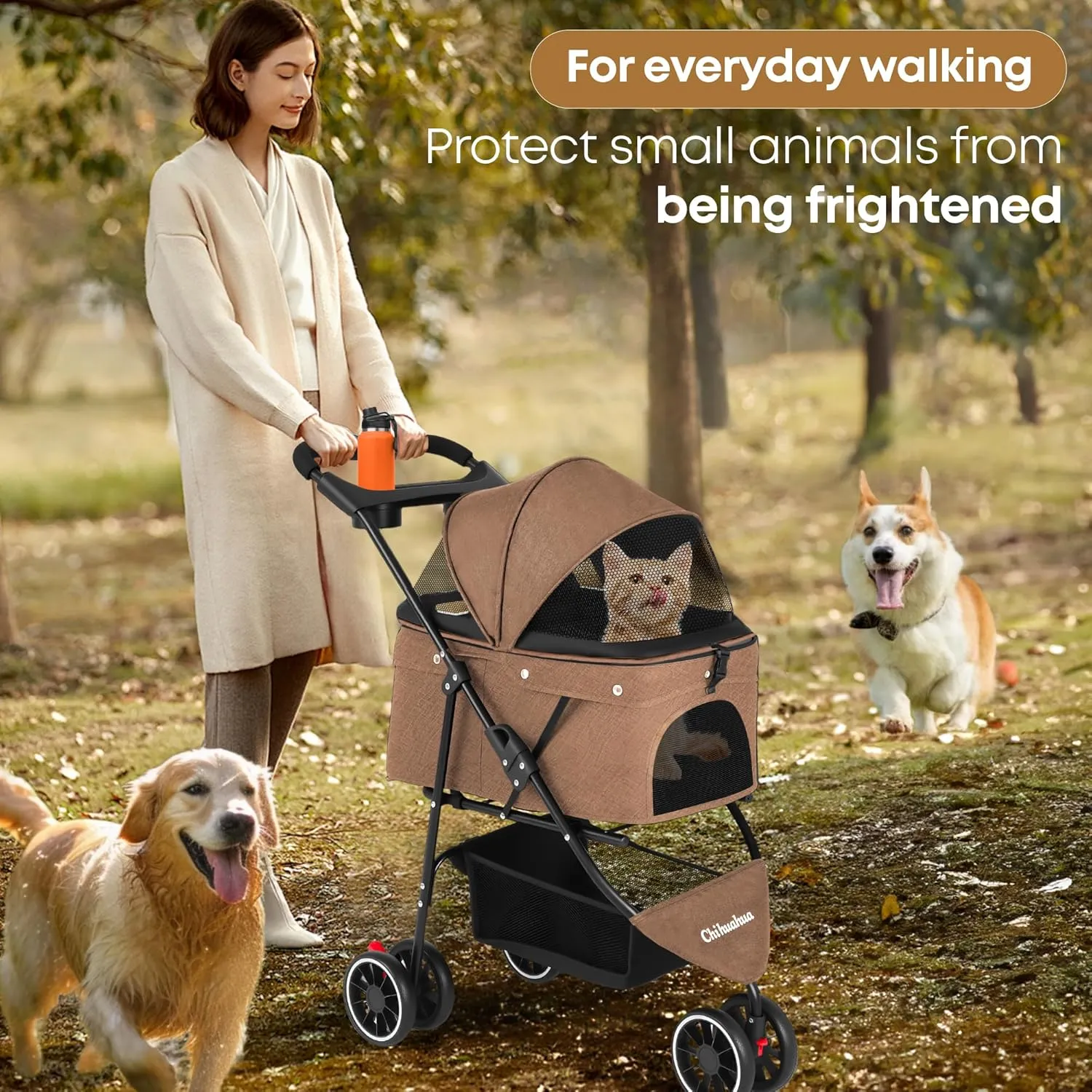 CHIHUAHUA 2-in-1 Foldable Pet Stroller with Canopy,3 Wheels Pet Strolling Cart for Small/Medium Dogs and Cats with Removable Carrier, Breathable Mesh,Cup Holders, Easy Assembly,Deep Brown