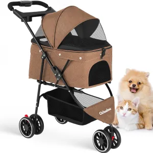 CHIHUAHUA 2-in-1 Foldable Pet Stroller with Canopy,3 Wheels Pet Strolling Cart for Small/Medium Dogs and Cats with Removable Carrier, Breathable Mesh,Cup Holders, Easy Assembly,Deep Brown
