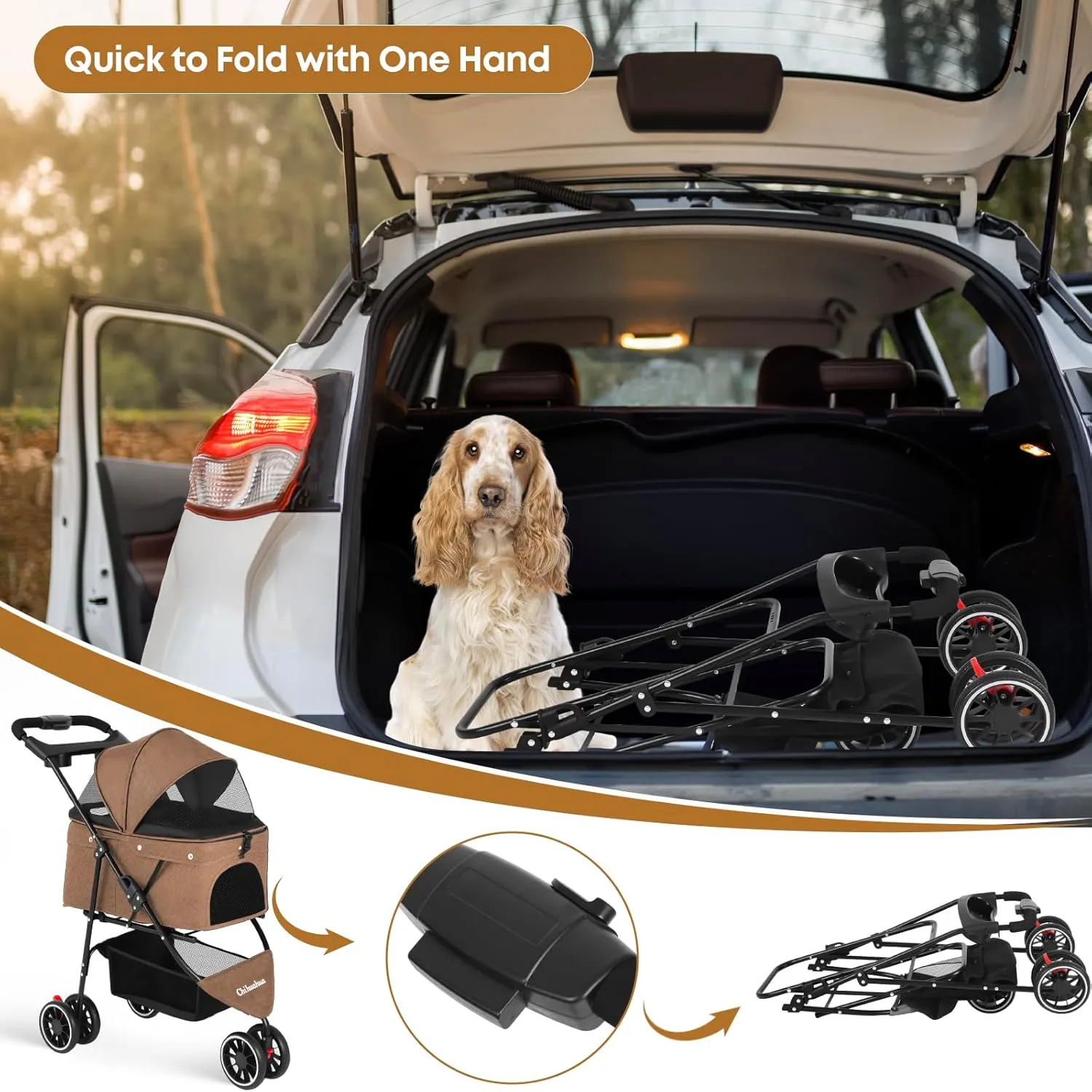 CHIHUAHUA 2-in-1 Foldable Pet Stroller with Canopy,3 Wheels Pet Strolling Cart for Small/Medium Dogs and Cats with Removable Carrier, Breathable Mesh,Cup Holders, Easy Assembly,Deep Brown