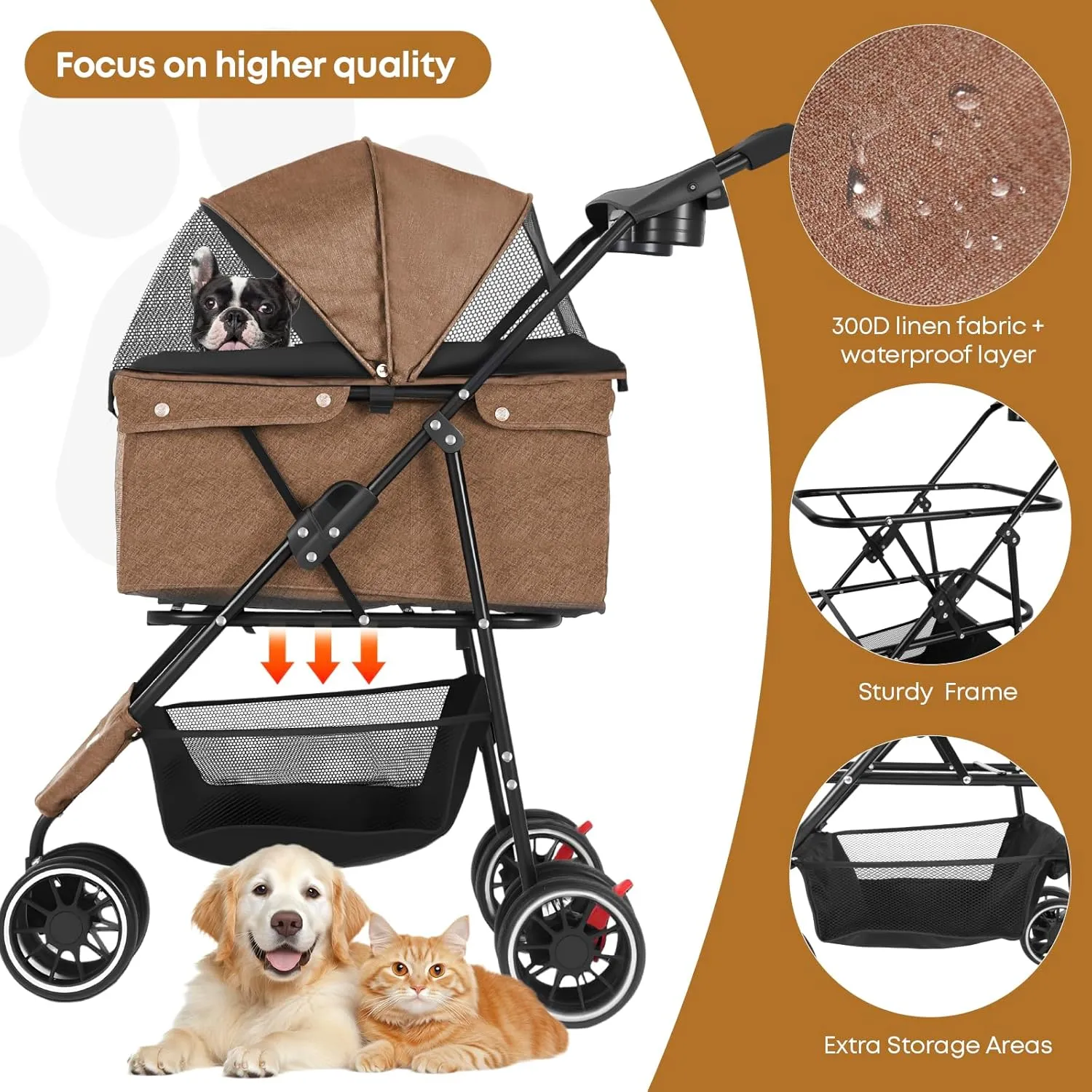 CHIHUAHUA 2-in-1 Foldable Pet Stroller with Canopy,3 Wheels Pet Strolling Cart for Small/Medium Dogs and Cats with Removable Carrier, Breathable Mesh,Cup Holders, Easy Assembly,Deep Brown