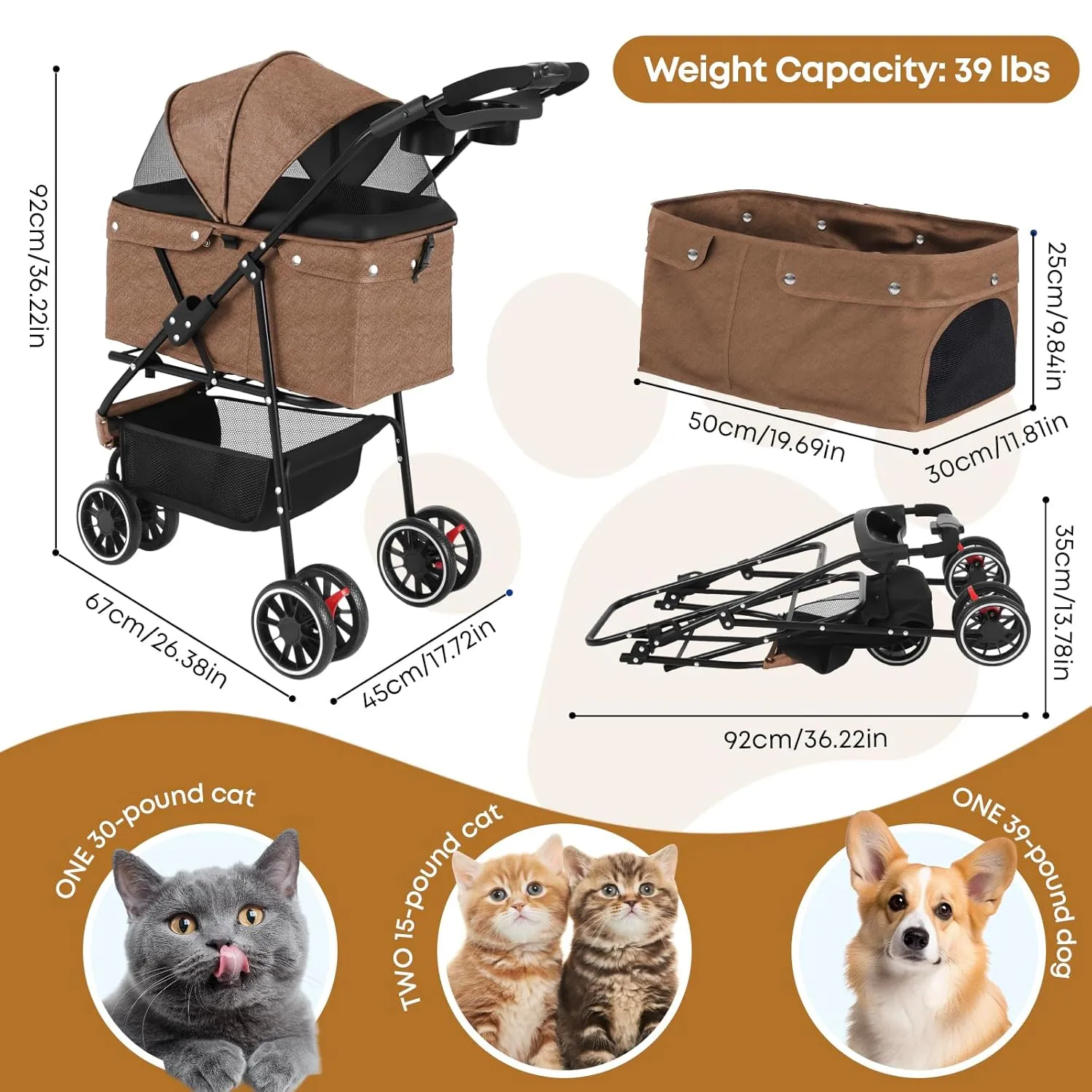 CHIHUAHUA 2-in-1 Foldable Pet Stroller with Canopy,3 Wheels Pet Strolling Cart for Small/Medium Dogs and Cats with Removable Carrier, Breathable Mesh,Cup Holders, Easy Assembly,Deep Brown