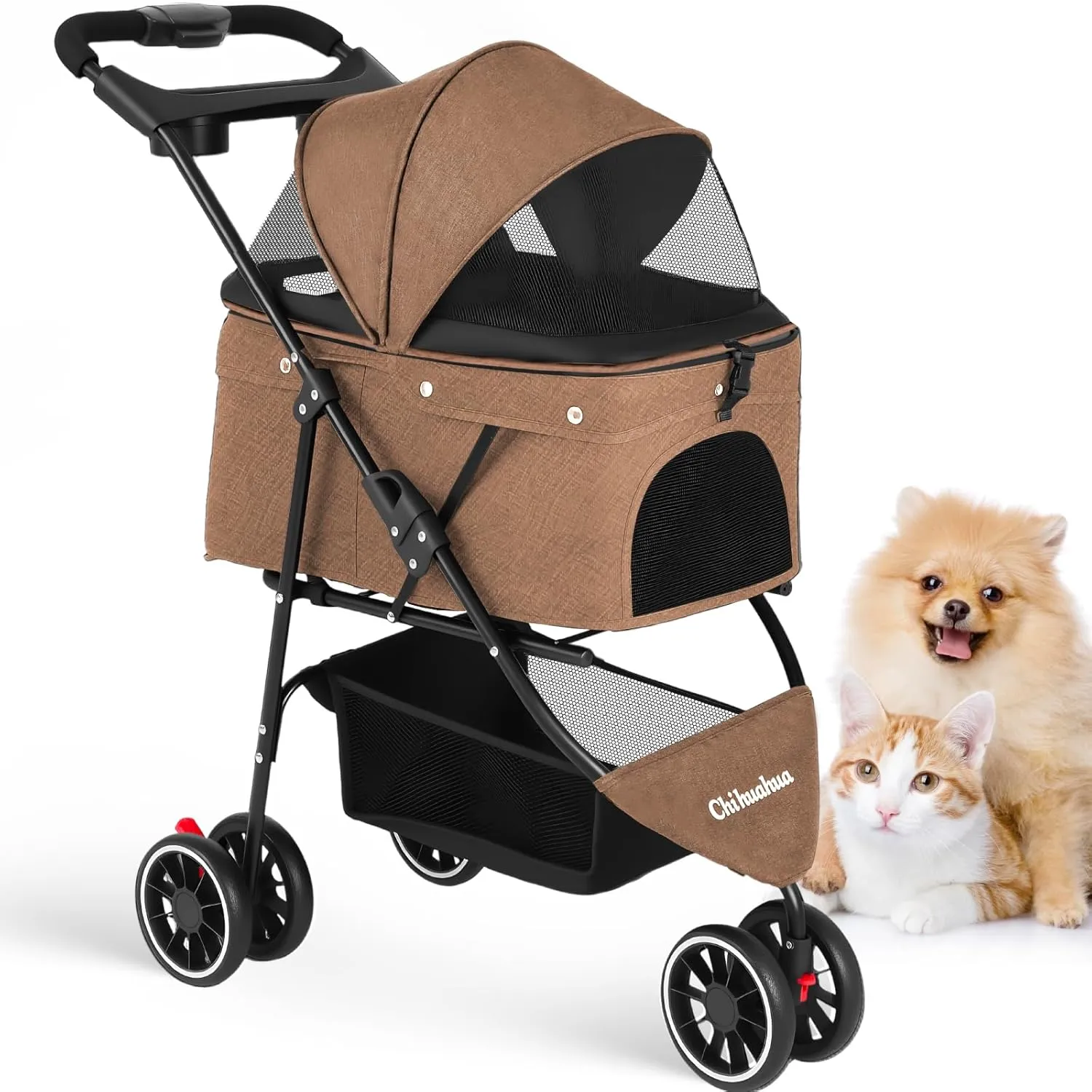 CHIHUAHUA 2-in-1 Foldable Pet Stroller with Canopy,3 Wheels Pet Strolling Cart for Small/Medium Dogs and Cats with Removable Carrier, Breathable Mesh,Cup Holders, Easy Assembly,Deep Brown