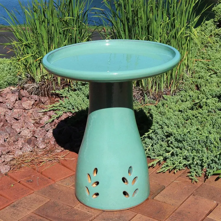 Classic Outdoor High-Fired Smooth Ceramic Handpainted Bird Bath - Seafoam