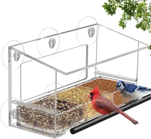 Clear Window Bird Feeder with 6 Strong Suction Cups and Detachable Seed Tray for Outside, Large Transparent Acrylic Wild Birds House Cat Kids and Elderly Viewing Bird Feeder for Window Perch