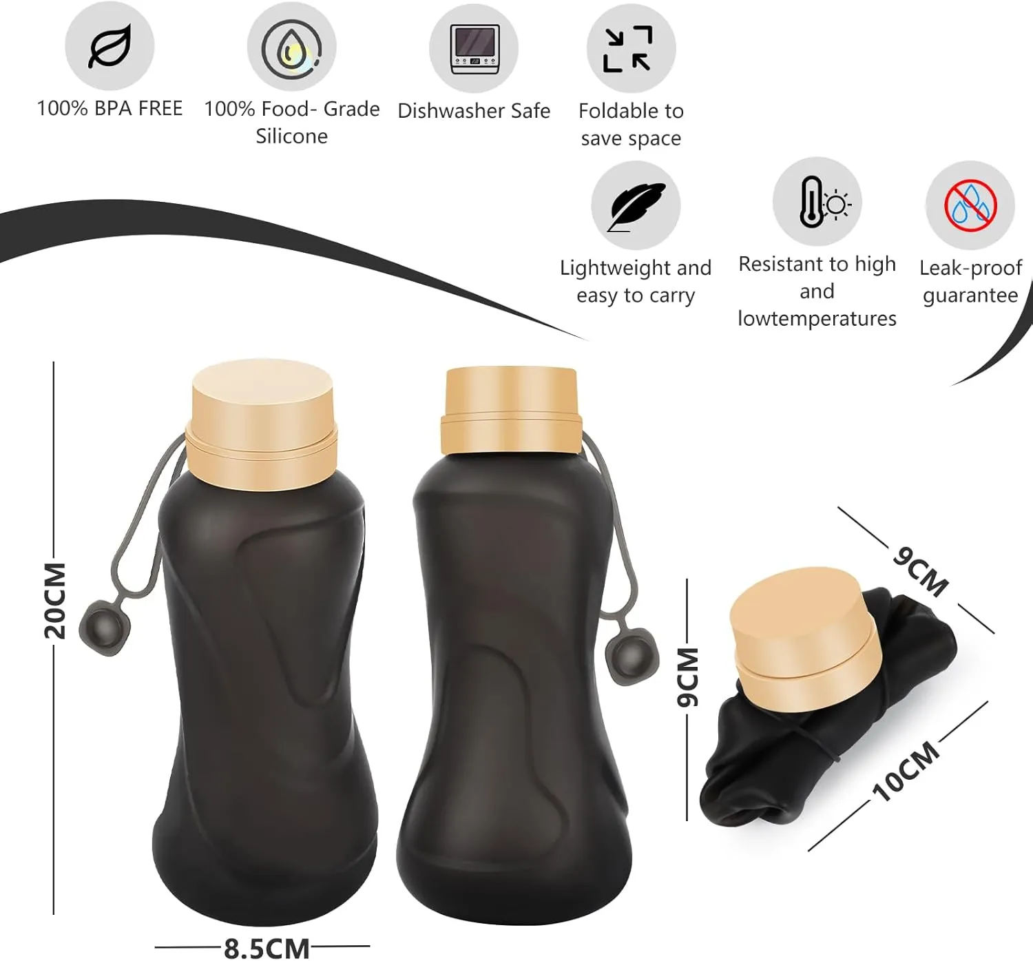 Collapsible Water Bottles,650ml,Leak Proof,Reuseable BPA Free Silicone Foldable Water Bottles,Durable Lightweight for Travel Gym Camping Hiking,Compact Size Portable Sports Water Bottle (Black)