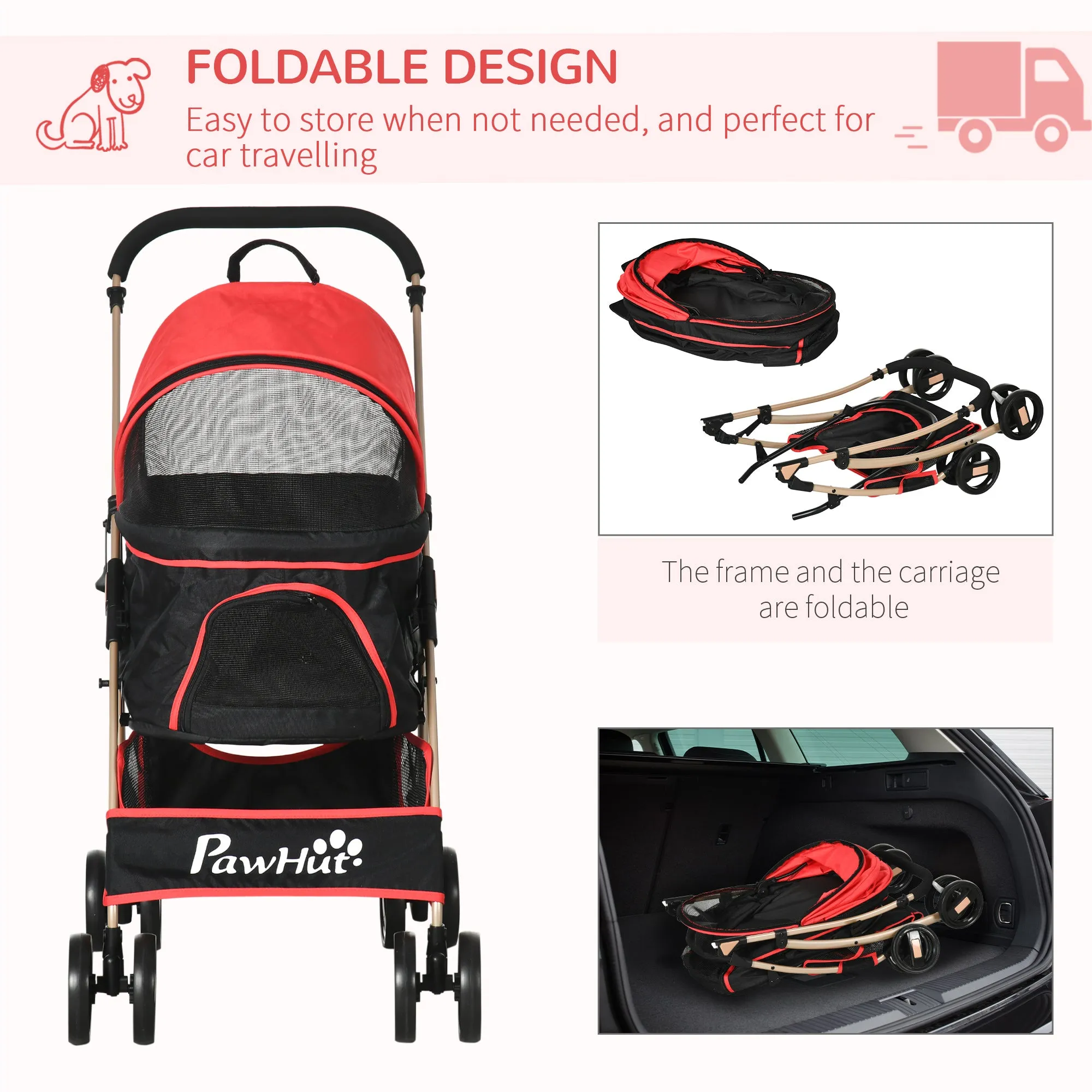 Detachable Pet Stroller with Rain Cover, 3 In 1 Cat Dog Pushchair, Foldable Carrying Bag w/ Universal Wheels, Brake, Canopy, Basket, Storage Bag for Small and Tiny Dogs - Red