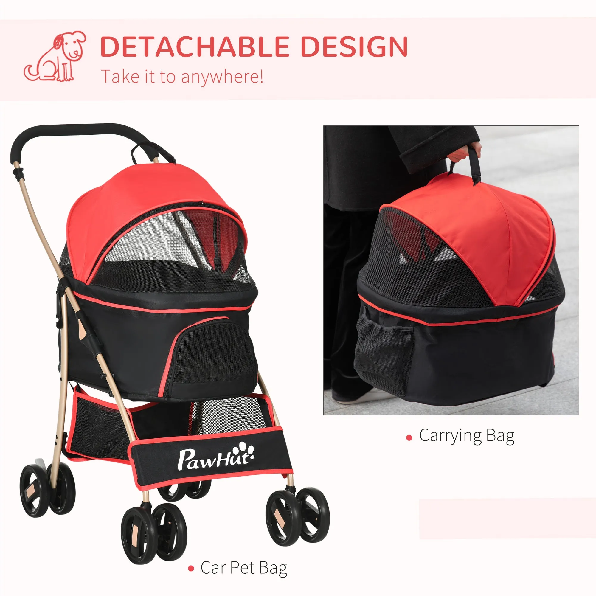 Detachable Pet Stroller with Rain Cover, 3 In 1 Cat Dog Pushchair, Foldable Carrying Bag w/ Universal Wheels, Brake, Canopy, Basket, Storage Bag for Small and Tiny Dogs - Red