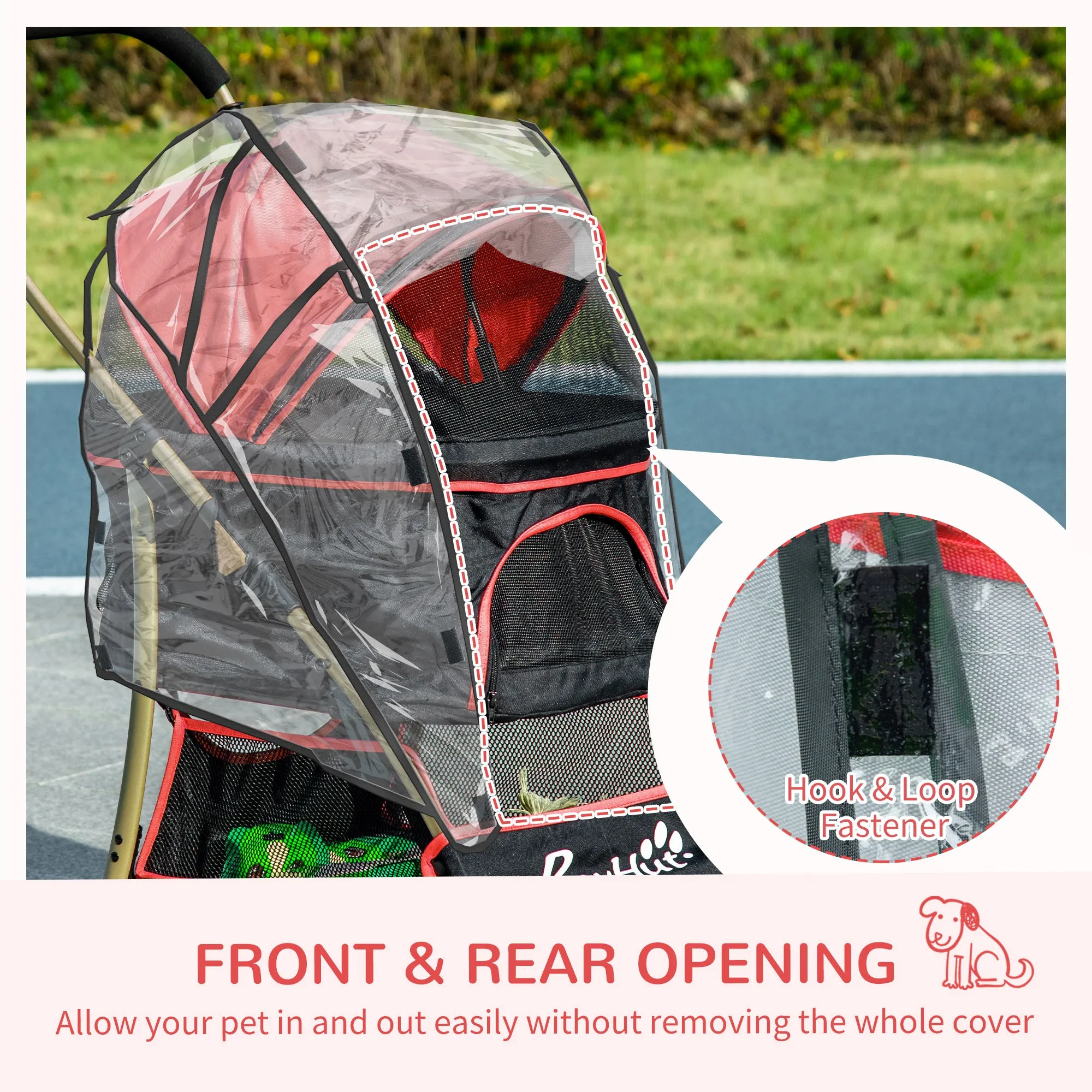 Detachable Pet Stroller with Rain Cover, 3 In 1 Cat Dog Pushchair, Foldable Carrying Bag w/ Universal Wheels, Brake, Canopy, Basket, Storage Bag for Small and Tiny Dogs - Red