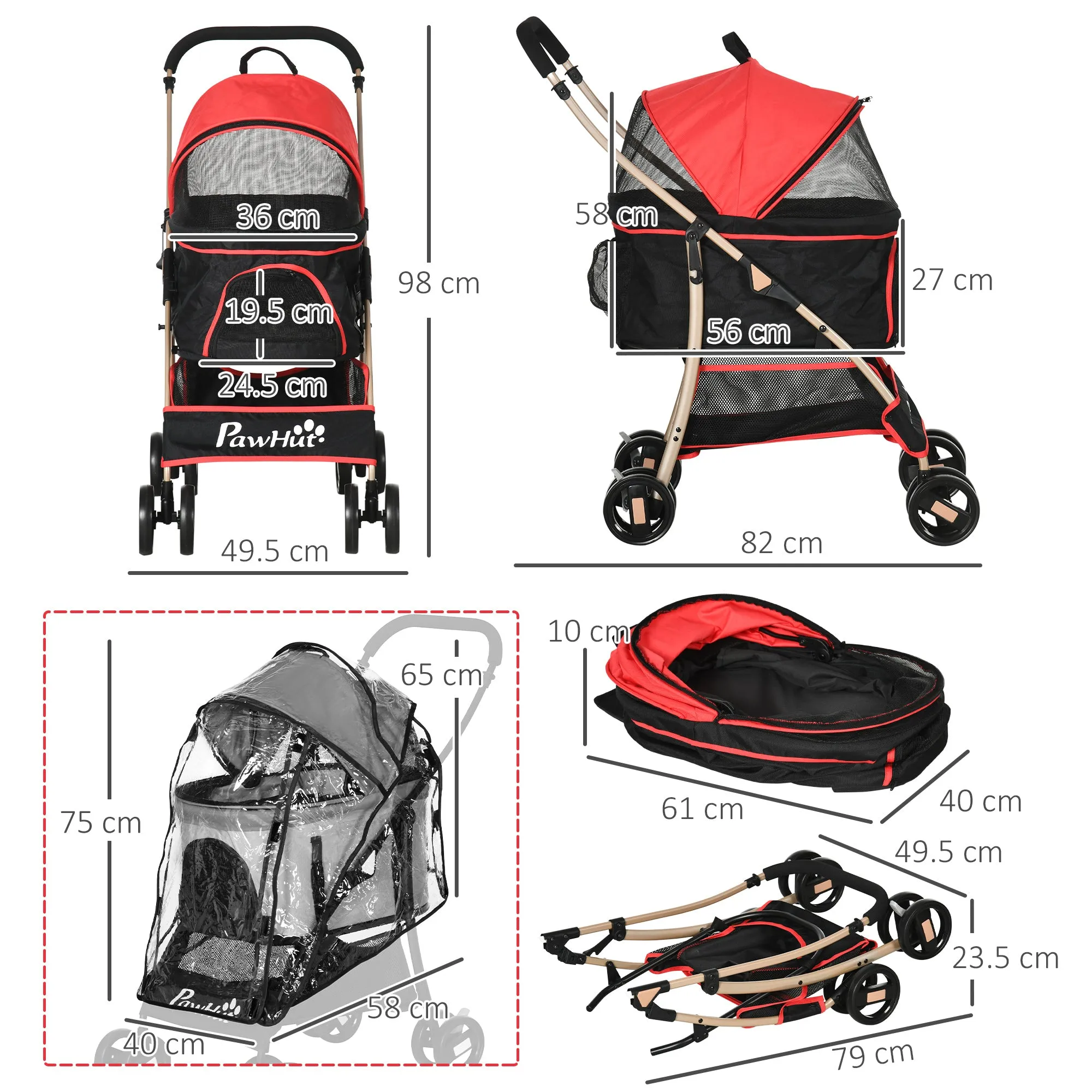 Detachable Pet Stroller with Rain Cover, 3 In 1 Cat Dog Pushchair, Foldable Carrying Bag w/ Universal Wheels, Brake, Canopy, Basket, Storage Bag for Small and Tiny Dogs - Red