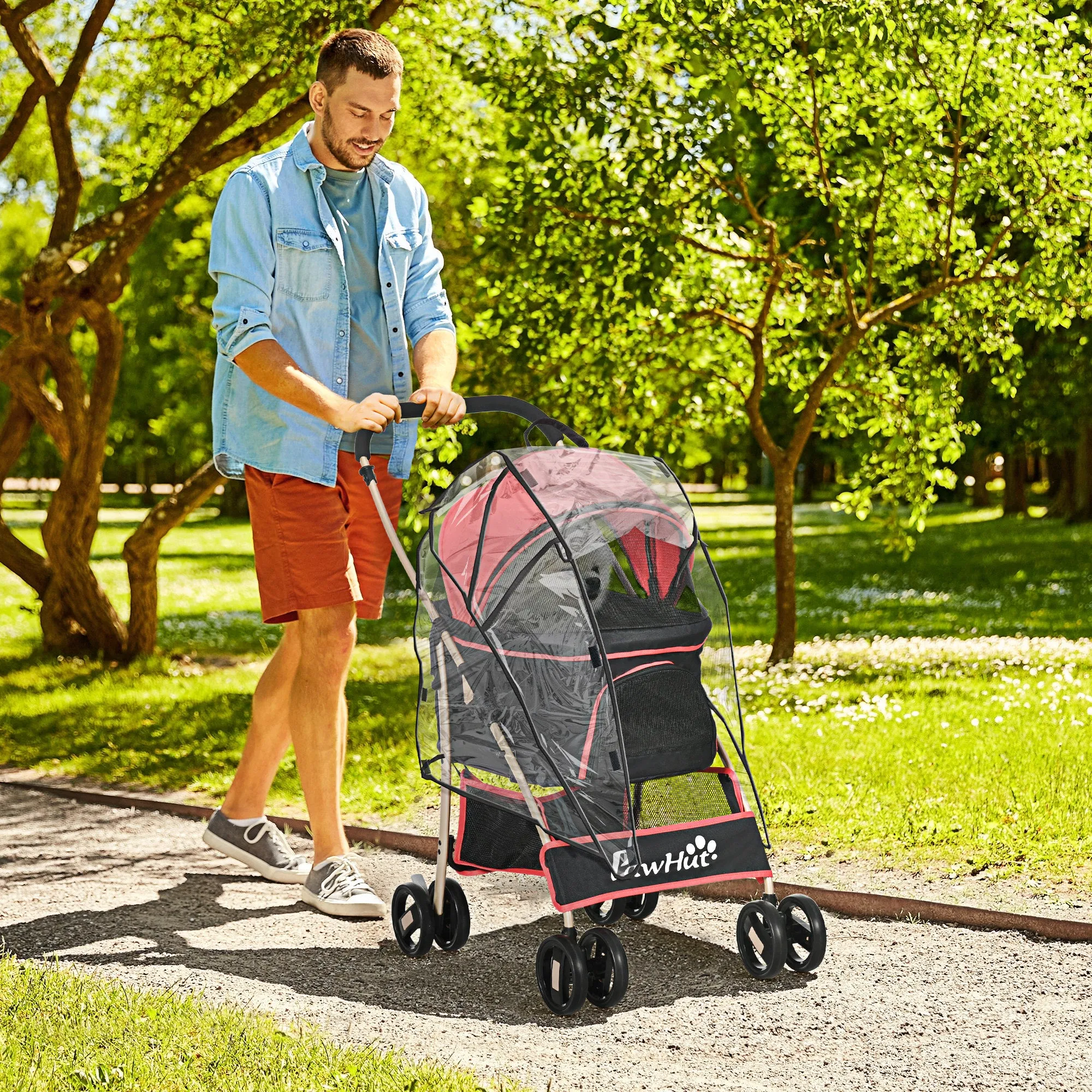 Detachable Pet Stroller with Rain Cover, 3 In 1 Cat Dog Pushchair, Foldable Carrying Bag w/ Universal Wheels, Brake, Canopy, Basket, Storage Bag for Small and Tiny Dogs - Red