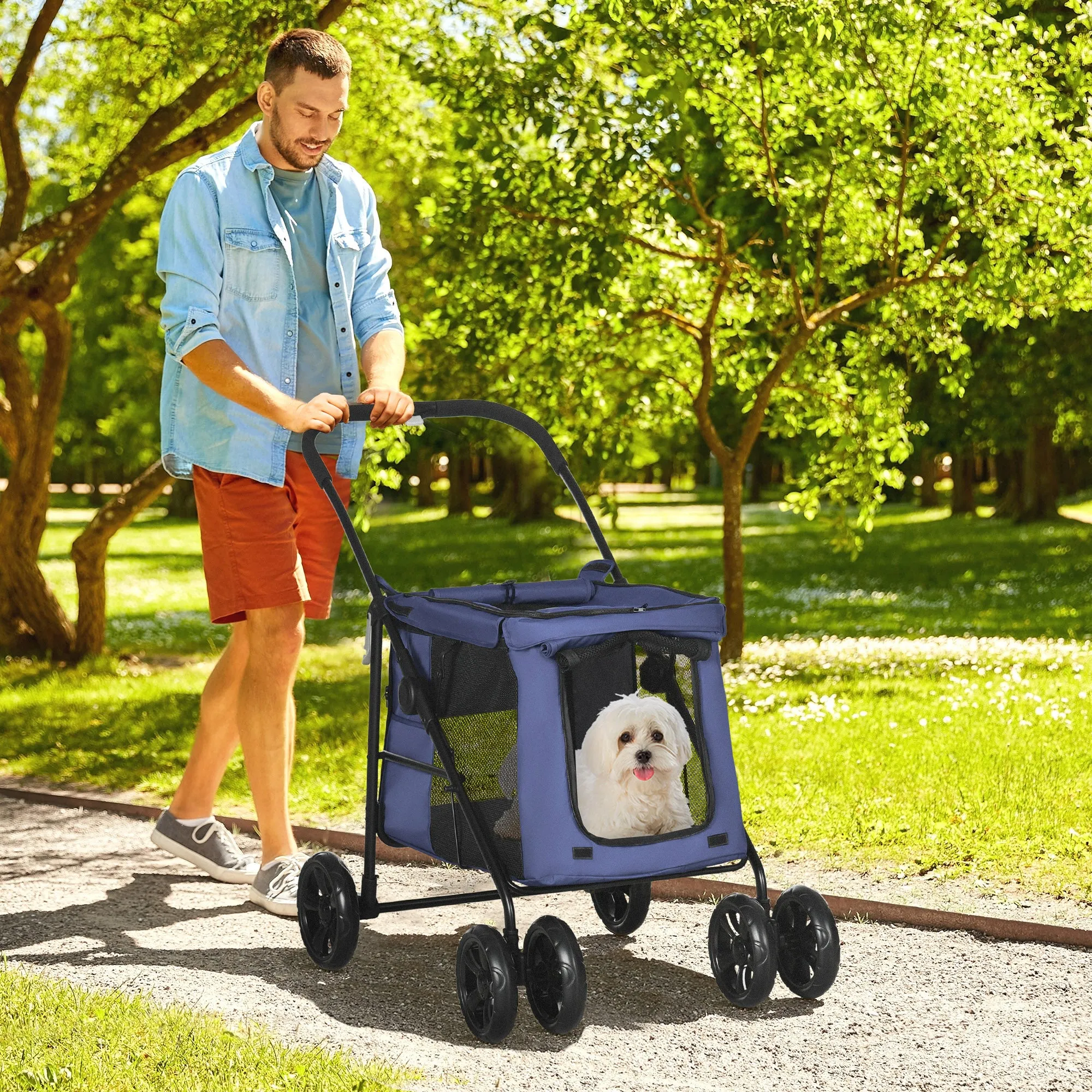 Dog Pram Dog Stroller 4 Wheels Pet Pushchair with Rolling Door, Cushion, Safety Leashes, for Small and Medium Dogs, Dark Blue