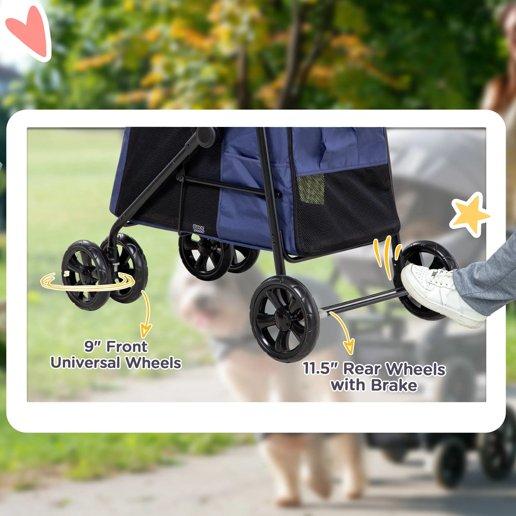 Dog Pram Dog Stroller 4 Wheels Pet Pushchair with Rolling Door, Cushion, Safety Leashes, for Small and Medium Dogs, Dark Blue