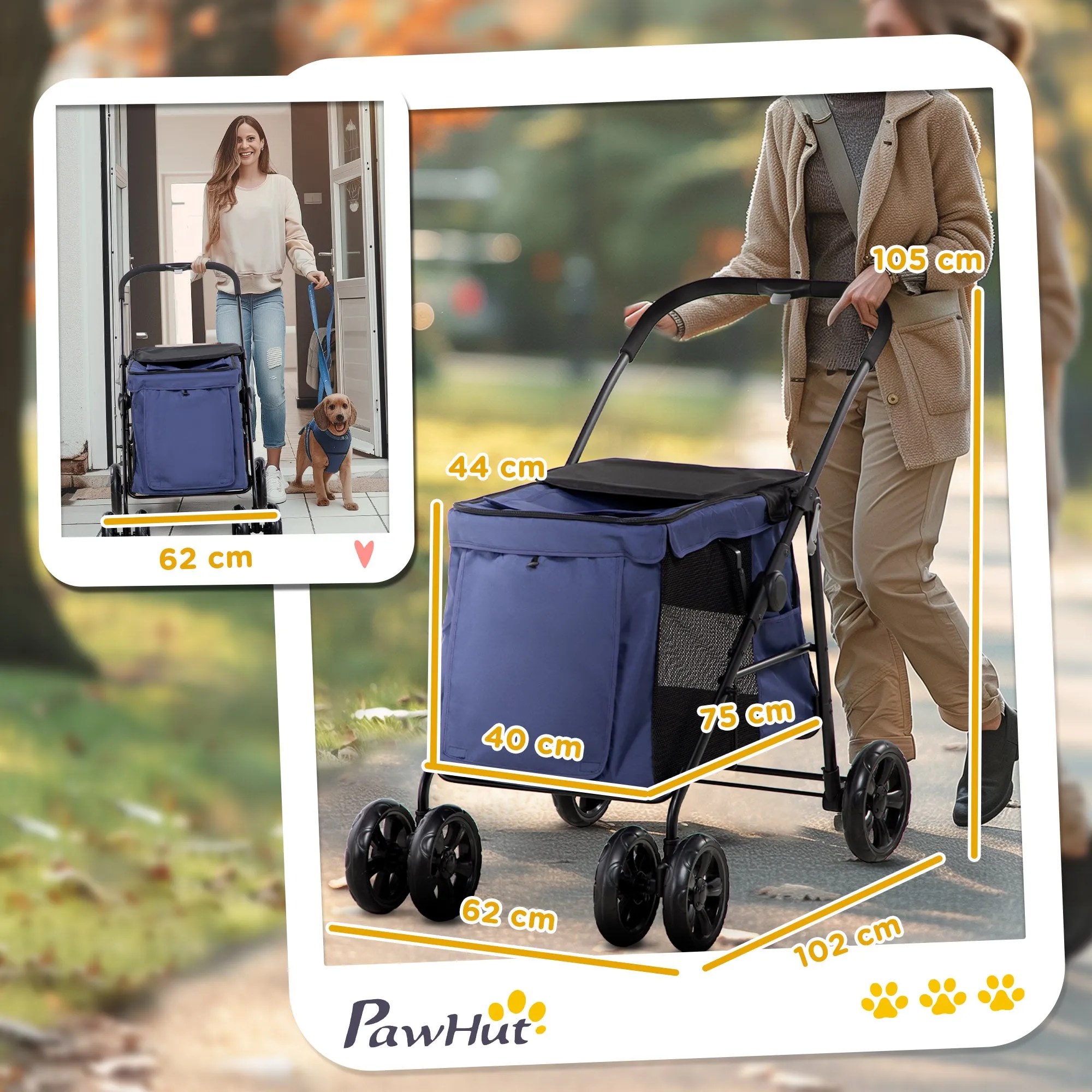 Dog Pram Dog Stroller 4 Wheels Pet Pushchair with Rolling Door, Cushion, Safety Leashes, for Small and Medium Dogs, Dark Blue