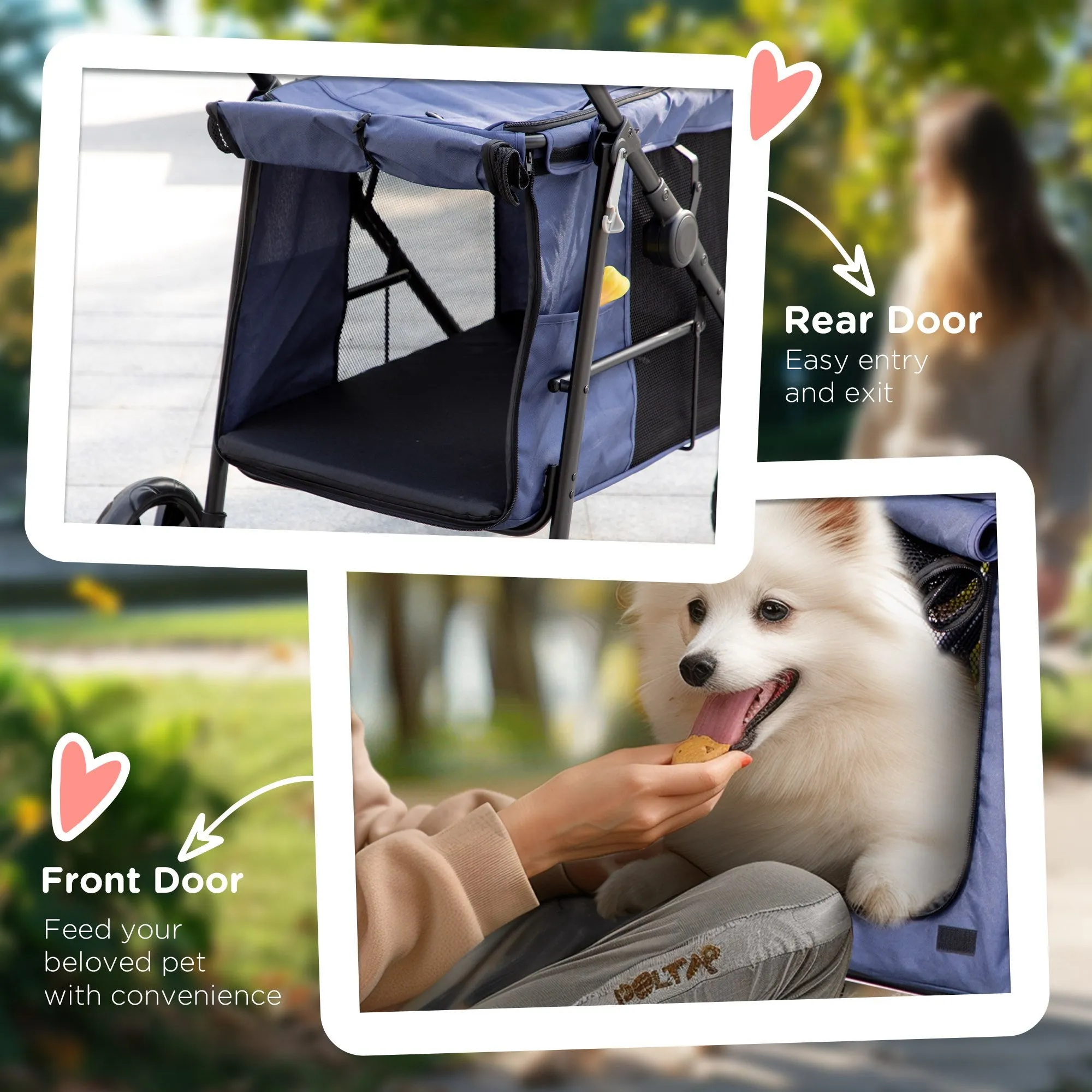 Dog Pram Dog Stroller 4 Wheels Pet Pushchair with Rolling Door, Cushion, Safety Leashes, for Small and Medium Dogs, Dark Blue